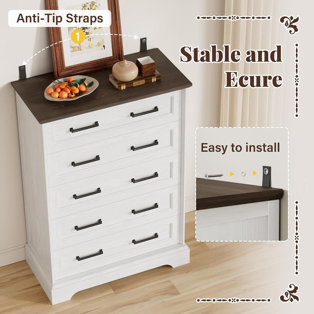 Furmax Farmhouse Dresser for Bedroom, 5 Drawers Dresser, Wood Chest of Drawers, 31.5' Wide Storage Dressers Organizer for Bedroom, Living Room (White and Brown)