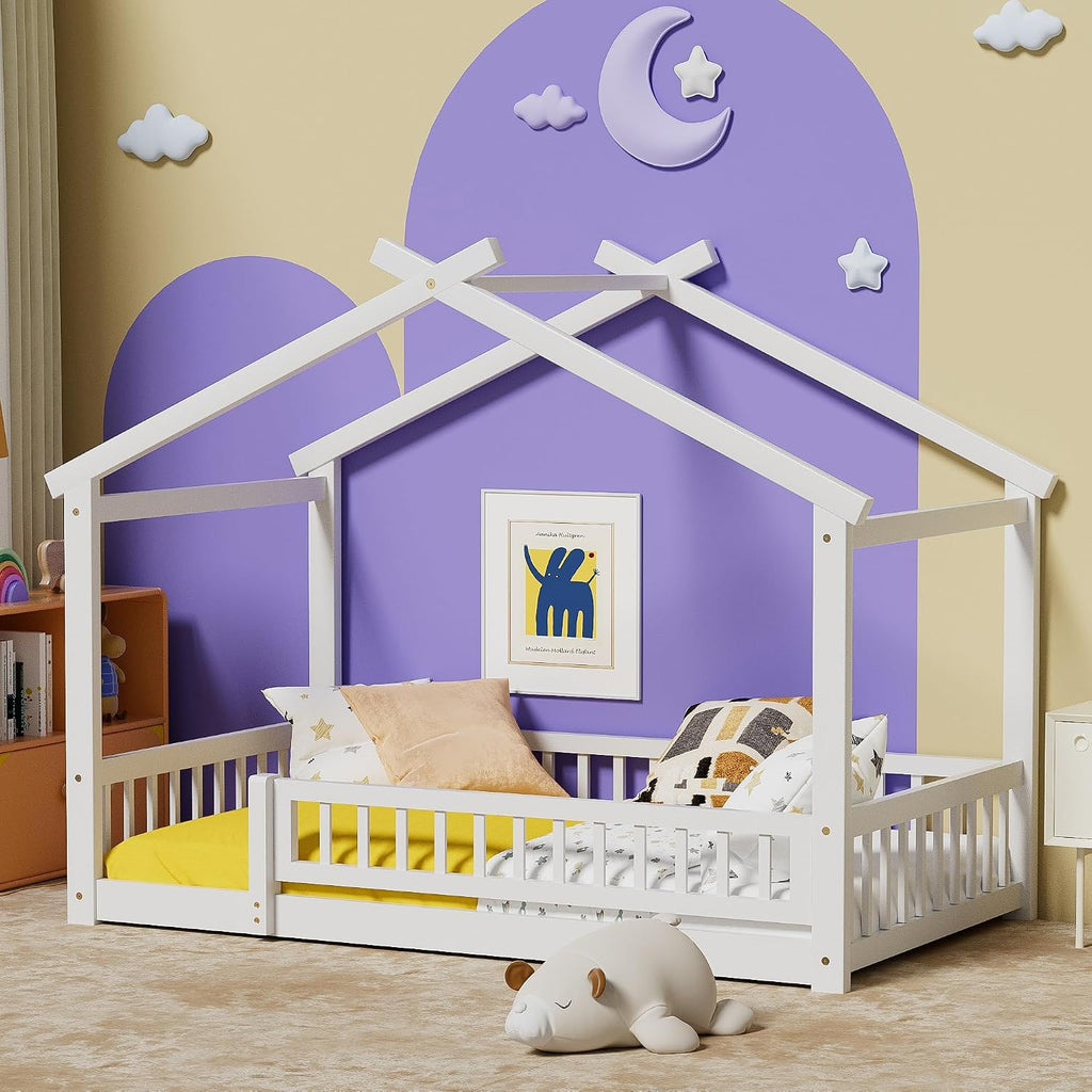 LLS Twin House Bed with Fence, Wooden Montessori Bed with Slats Support, Floor Bed Frame for Boys Girls Bedroom, White