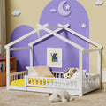 LLS Twin House Bed with Fence, Wooden Montessori Bed with Slats Support, Floor Bed Frame for Boys Girls Bedroom, White