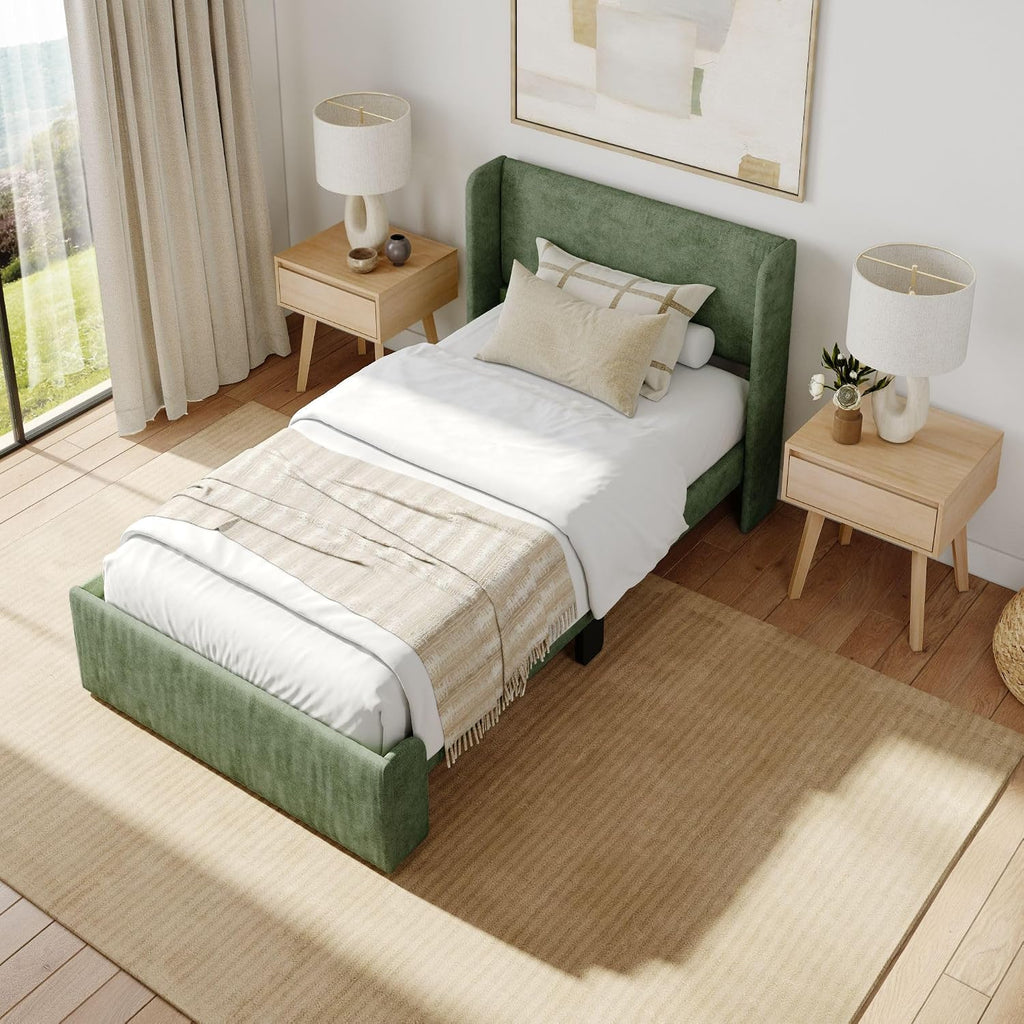 Plank+Beam Upholstered Twin Bed Frame with Rectangular Headboard, Upholstered Platform Bed, No Box Spring Needed, Easy Assembly, Green