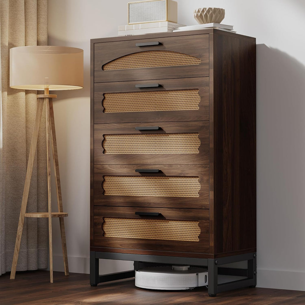 Mericonia 5 Drawer Rattan Dresser for Bedroom, Wood Tall Dresser for Closet with Metal Handles, Boho Nightstand Sets, Dressers & Chests of Drawers for Bedroom, Hallway and Entryway, Walnut