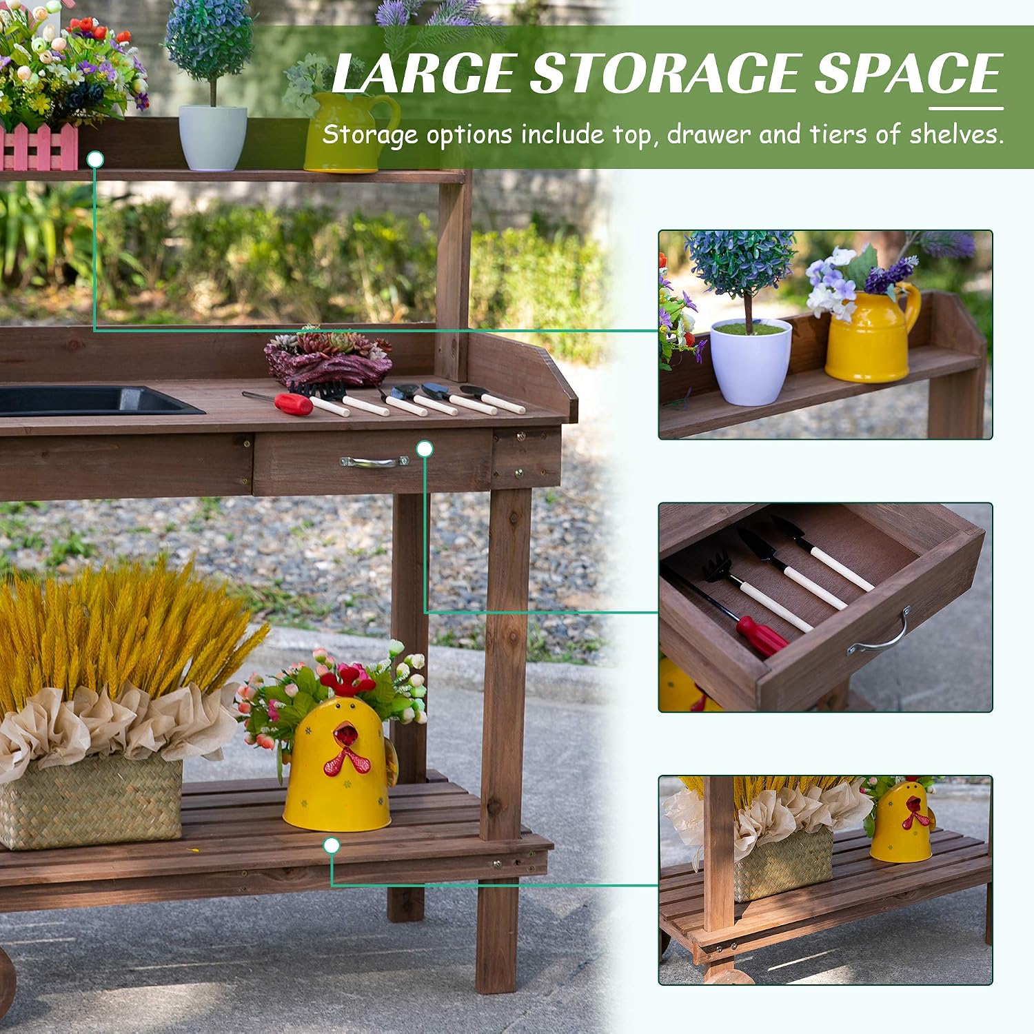 36' Wooden Potting Bench Table with Sink, Drawer, and Large Storage, Easy to Move