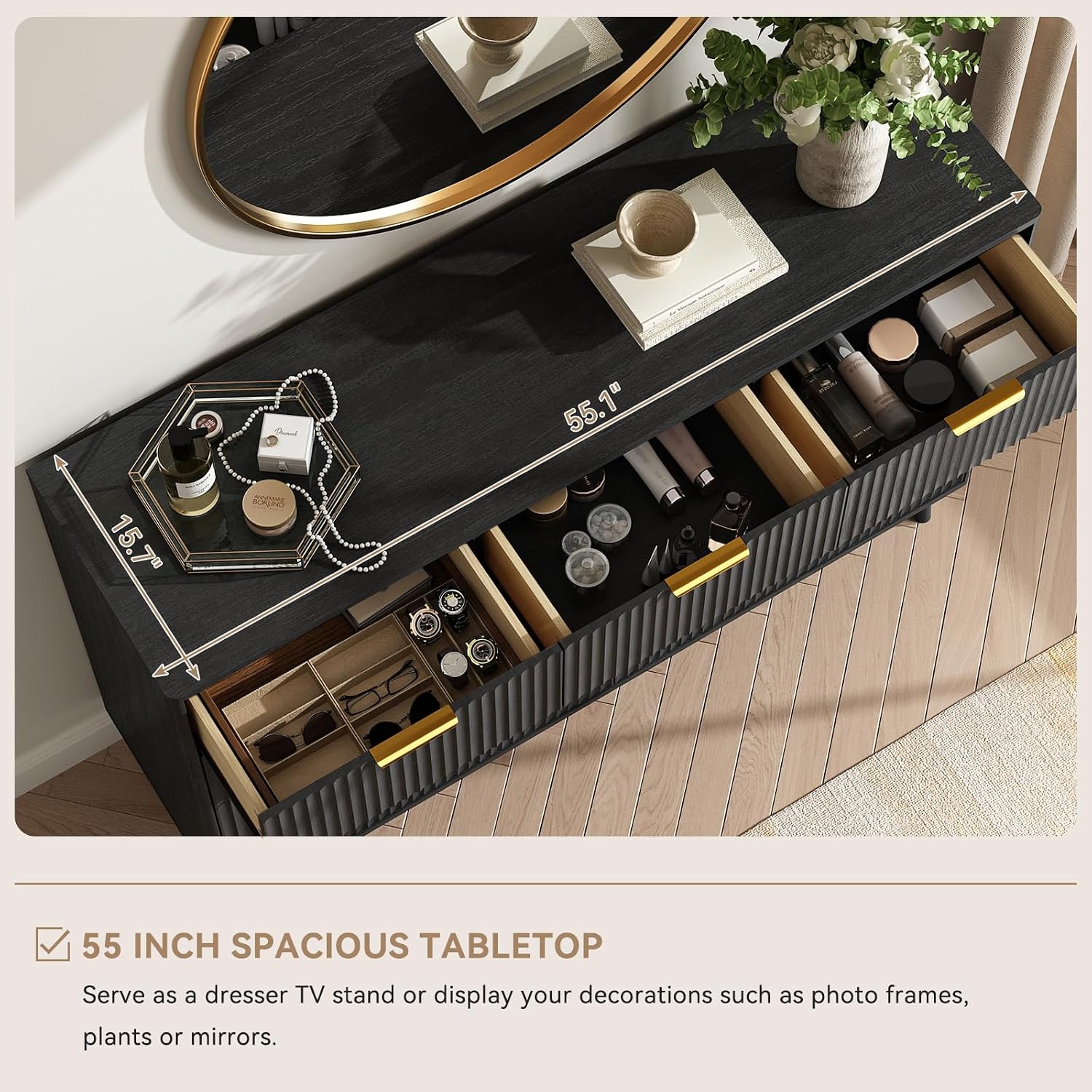 CARPETNAL Fluted 7 Drawer Dresser for Bedroom, 55' Wide Wooden Chest of Drawers with Rounded Corners, Gold Handles, Modern Storage Organizer for Bedroom, Hallway(Black)