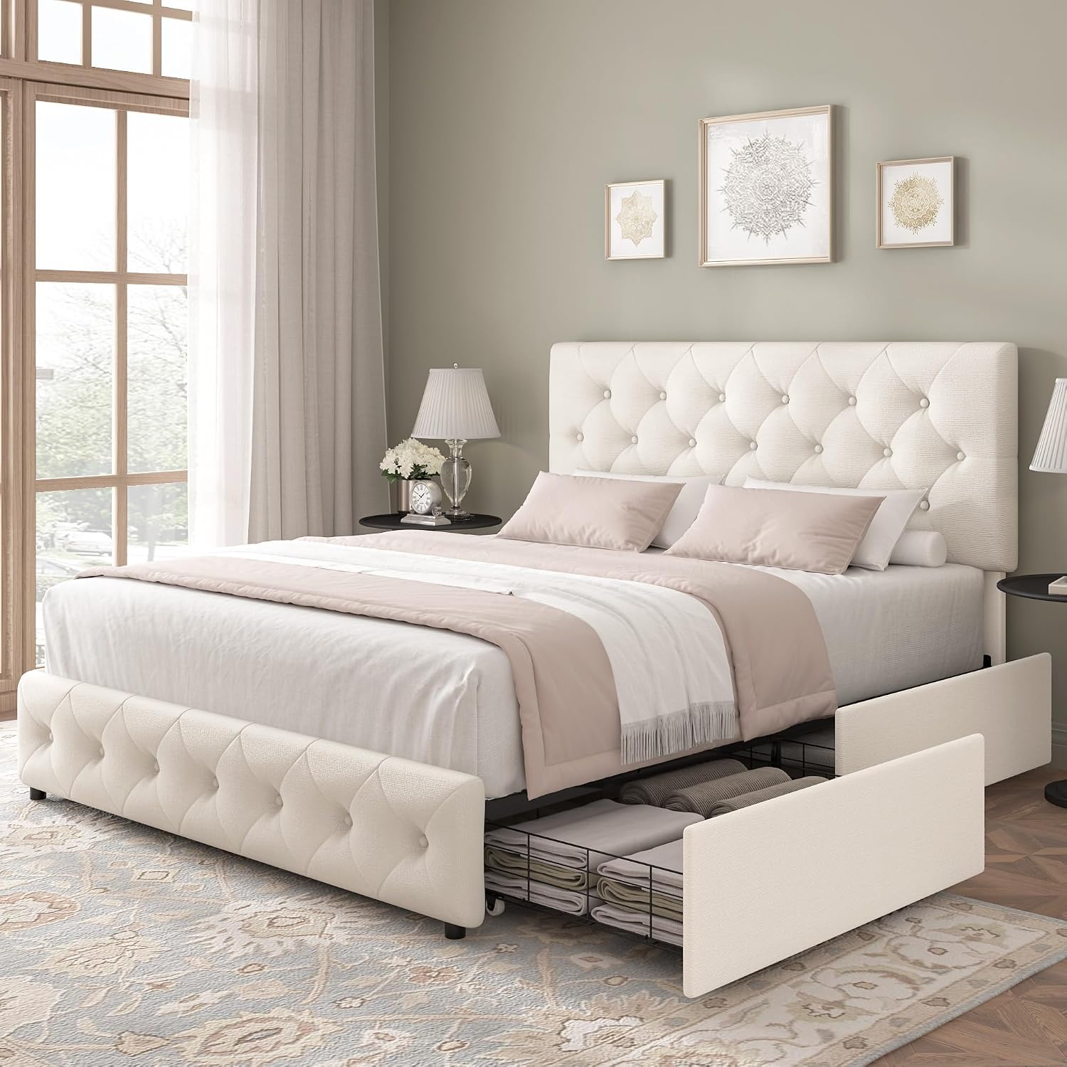 Keyluv Modern Upholstered Bed Frame with 4 Storage Drawers, Button Tufted Headboard Design, Solid Wooden Slat Support, Easy Assembly, Fabric, Beige, Queen Size