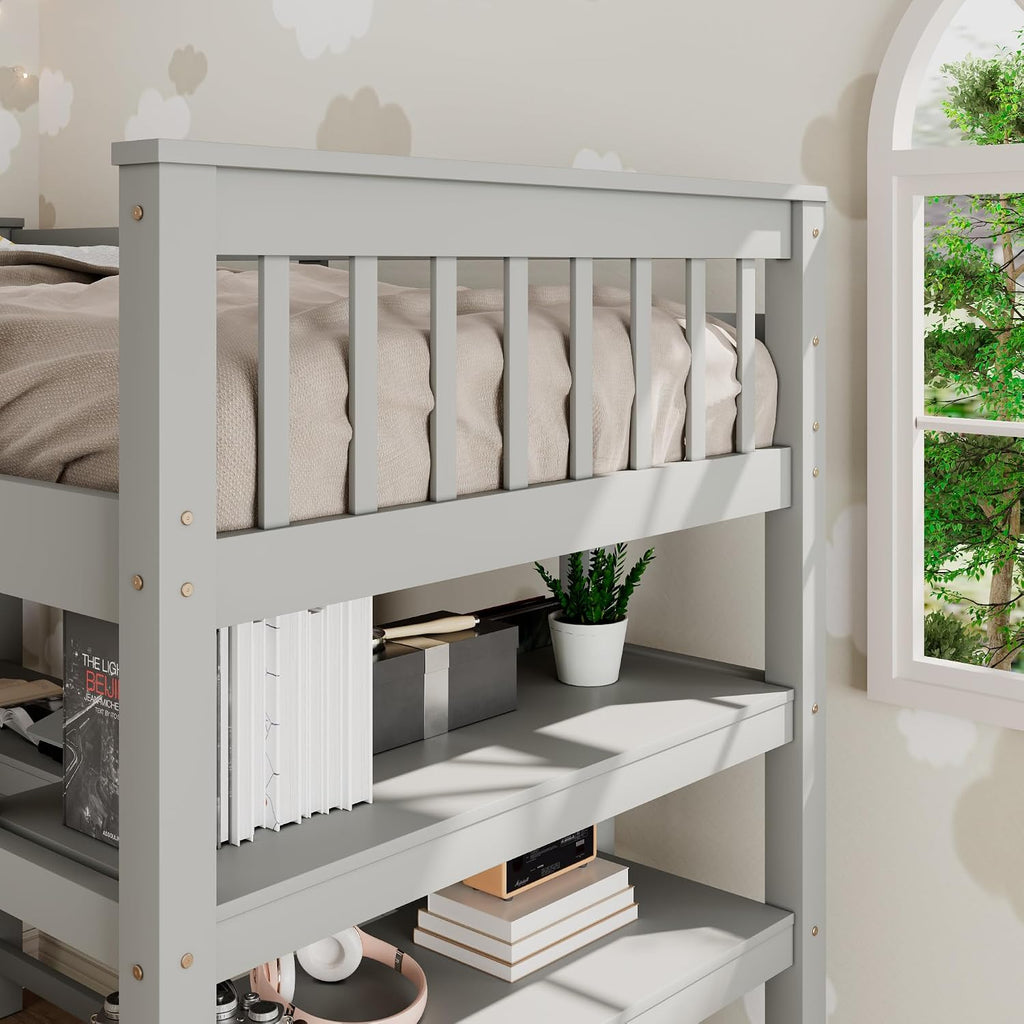 Merax Wood Loft Bed with Desk : Full Size Loft Bed with 4-Storage Shelves and Under Bed Desk Solid Wood Bed, Grey