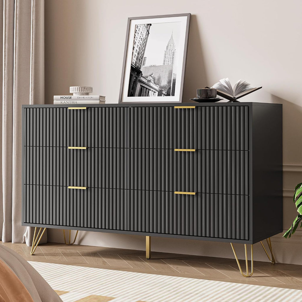 MAISONARIA Black Dresser for Bedroom, Modern Dresser with Gold Metal Handles & Chests of Drawers, Wood Chest of Drawers for Bedroom