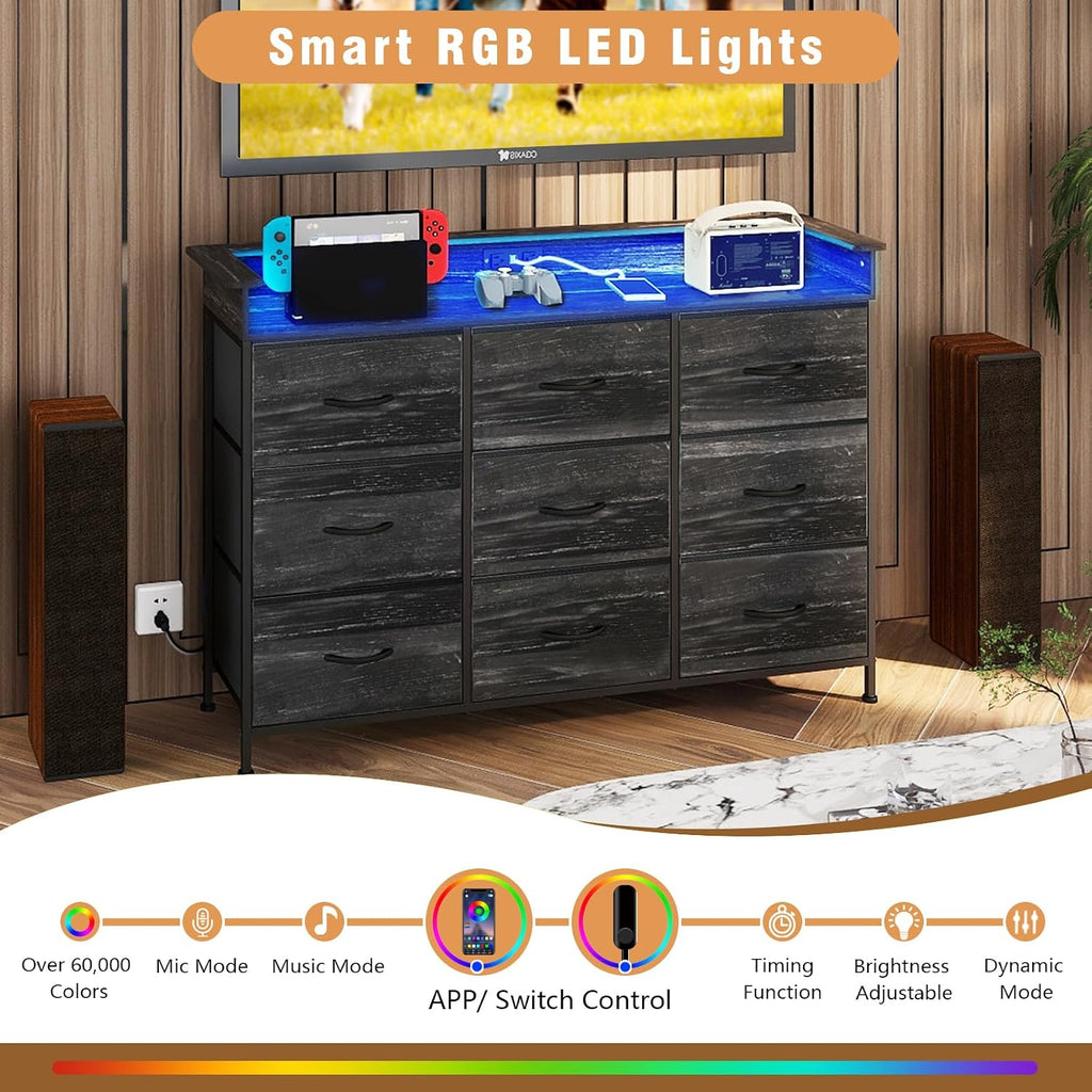 EXOTICA Black Dresser with Charging Station 9 Drawers Dresser with LED Light and USB Ports Fabric Dressers for Bedroom Hallway Entryway Closets Sturdy Steel Frame Wood Top