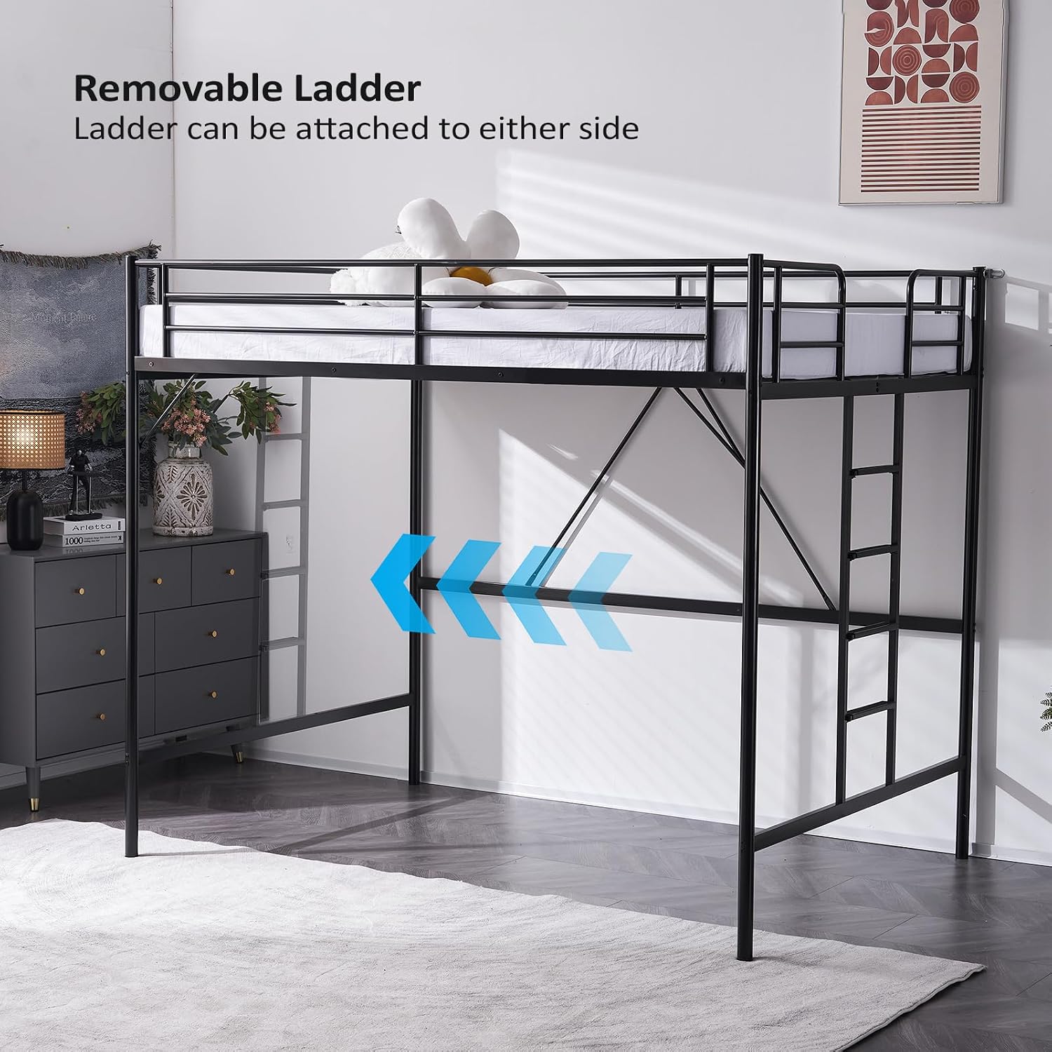 VINGLI Loft Bed Full Size with Flat Rungs for Adults, Kids and Young Teens, No Box Spring Required,Heavy Duty Metal Slat Support,Black