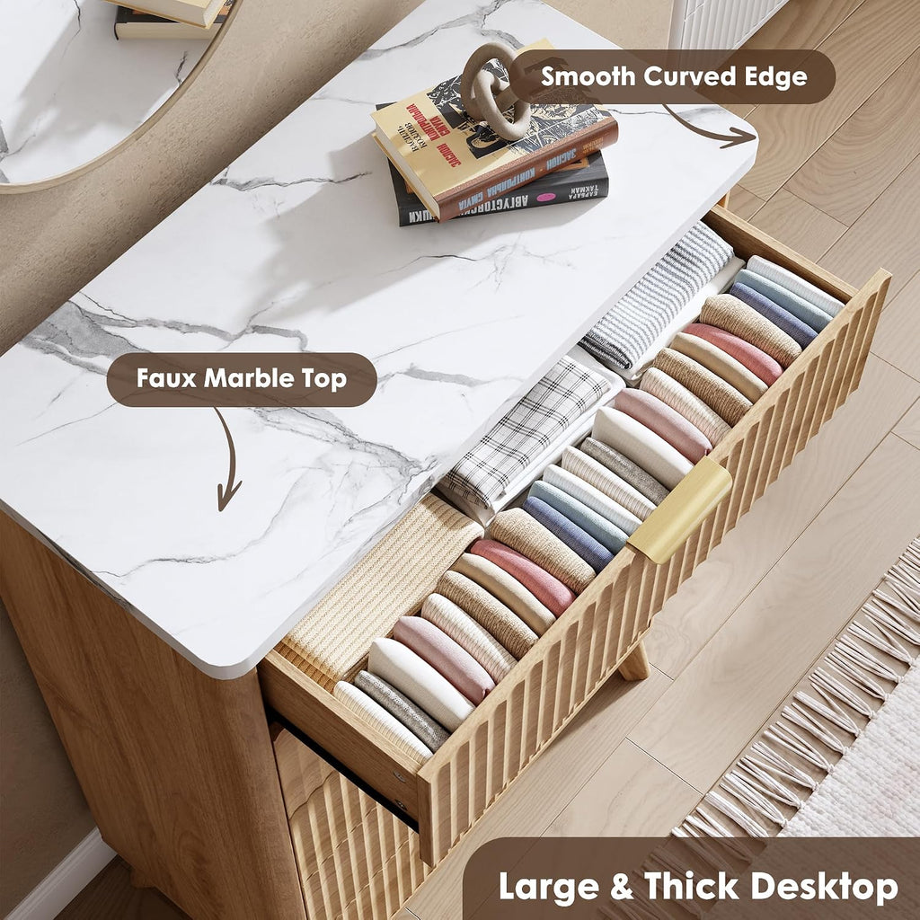 Fluted Dresser for Bedroom with 5 Deep Drawers, 47.2 in Tall Chest of Drawers with Faux Marble Top, Curved Profile Design, Modern Wooden Dresser, for Living Room, Kids Room, Hallway, Natural Oak
