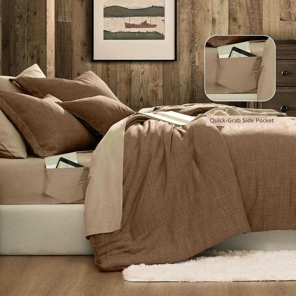 Geniospin Oversized King Comforter Sets - 7 Pieces Brown Oversized King Bedding Set, Solid Bed Set for All Season, Textured Bed in a Bag with Flat Sheet and Fitted Sheet, Pillowcases and Shams
