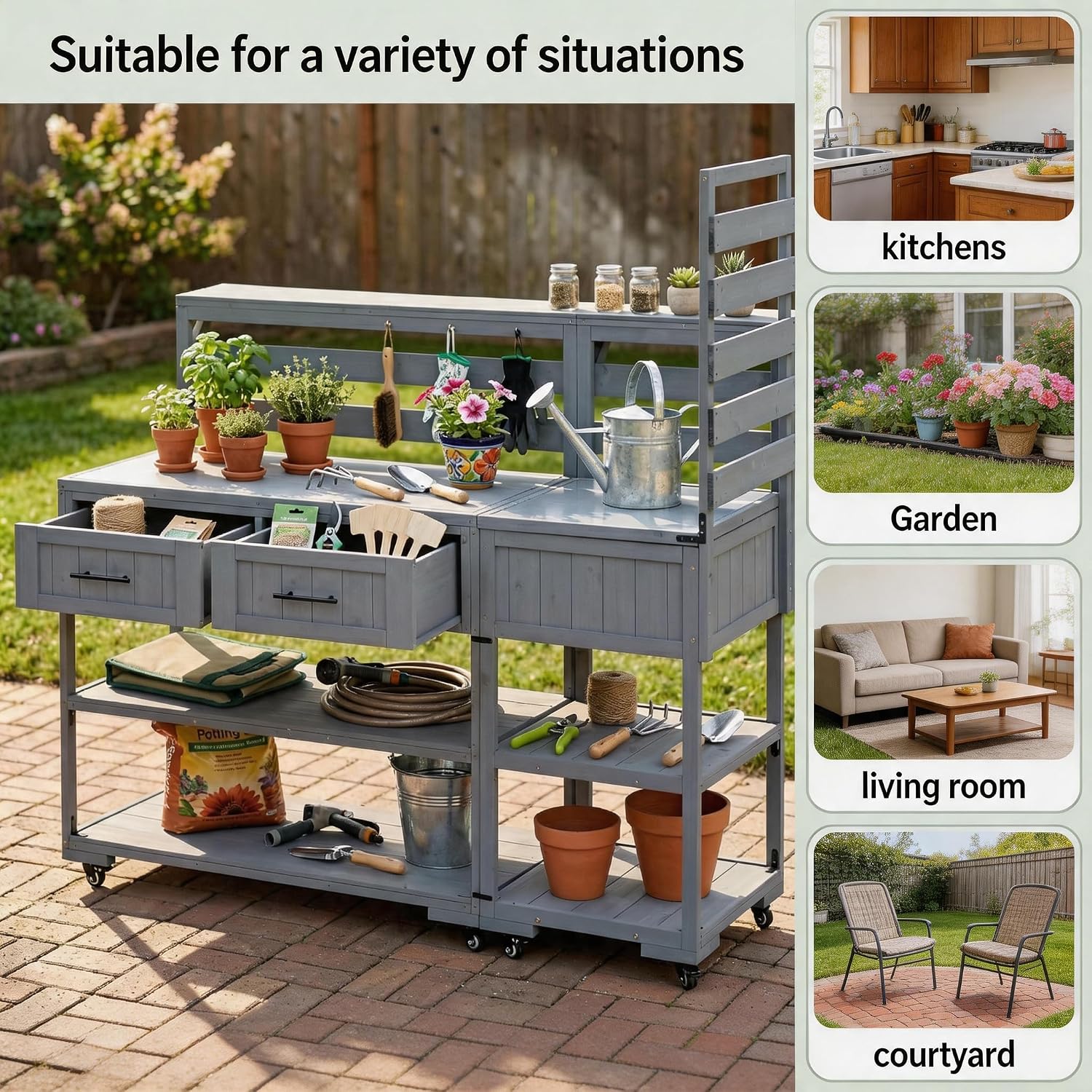 Outdoor Kitchen Island with Stainless Steel Top, 62 in | Fir wood, stainless steel top, raised shelf, modular 2-cart design, lockable wheels, BBQ prep, 62.3 W x 28.6 D x 65 H in