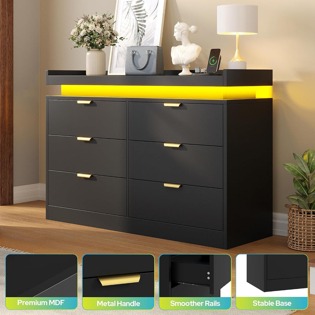 knoworld 6 Drawer Dresser for Bedroom, Black Dresser with LED Lights and Power Outlet, Large Wooden Dressers Modern Chest of Drawers, Double Wide 6 Drawer Dressers for Bedroom, Entryway, Hallway