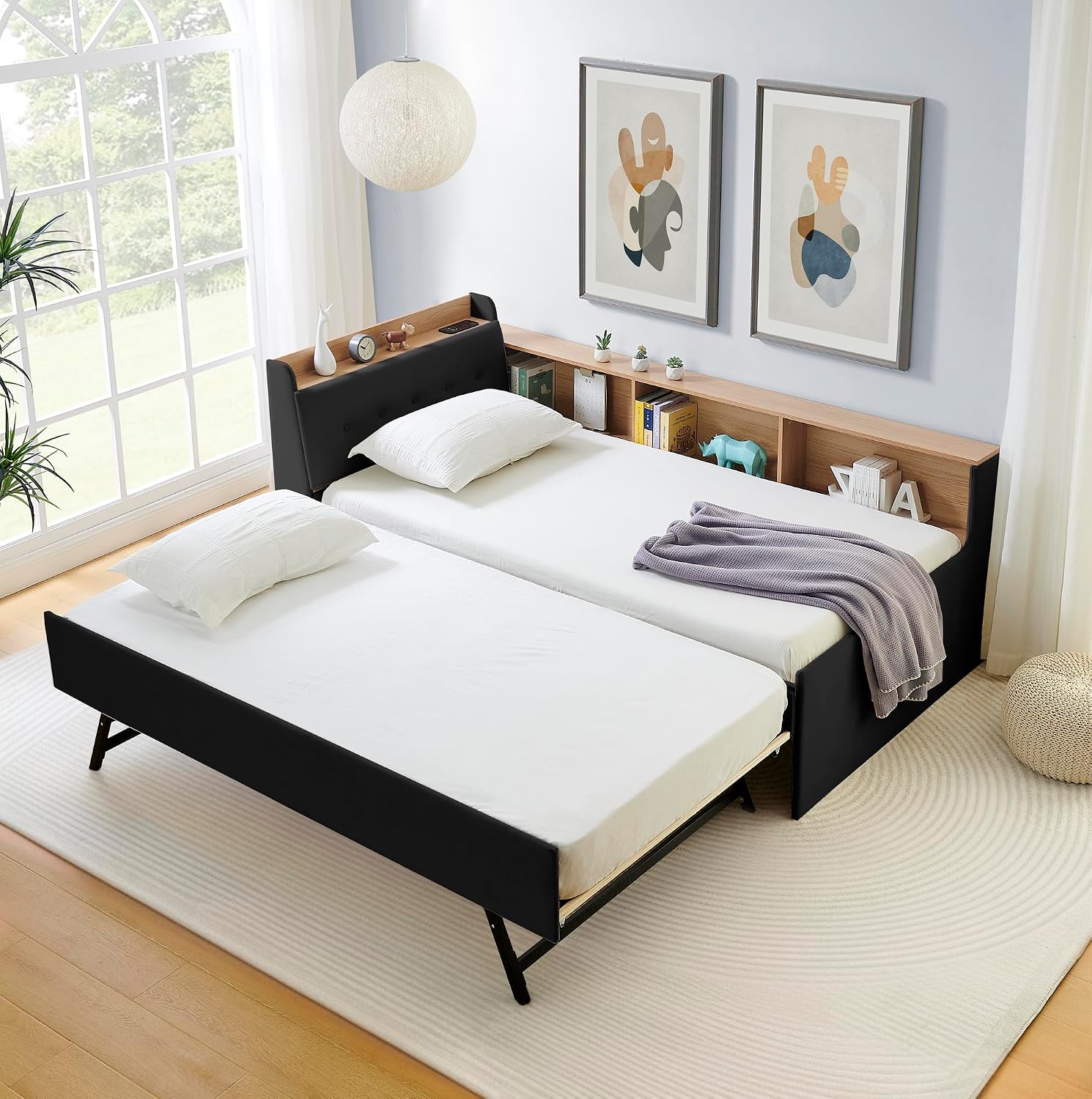 Corner Bed with Desk and Bookcase, LED Lights & USB Ports, Modern Twin to King Daybed with Pop Up Trundle, Velvet Upholstered Extendable Day Bed Kids Bedroom Furniture Set Small Places (Black, Twin)