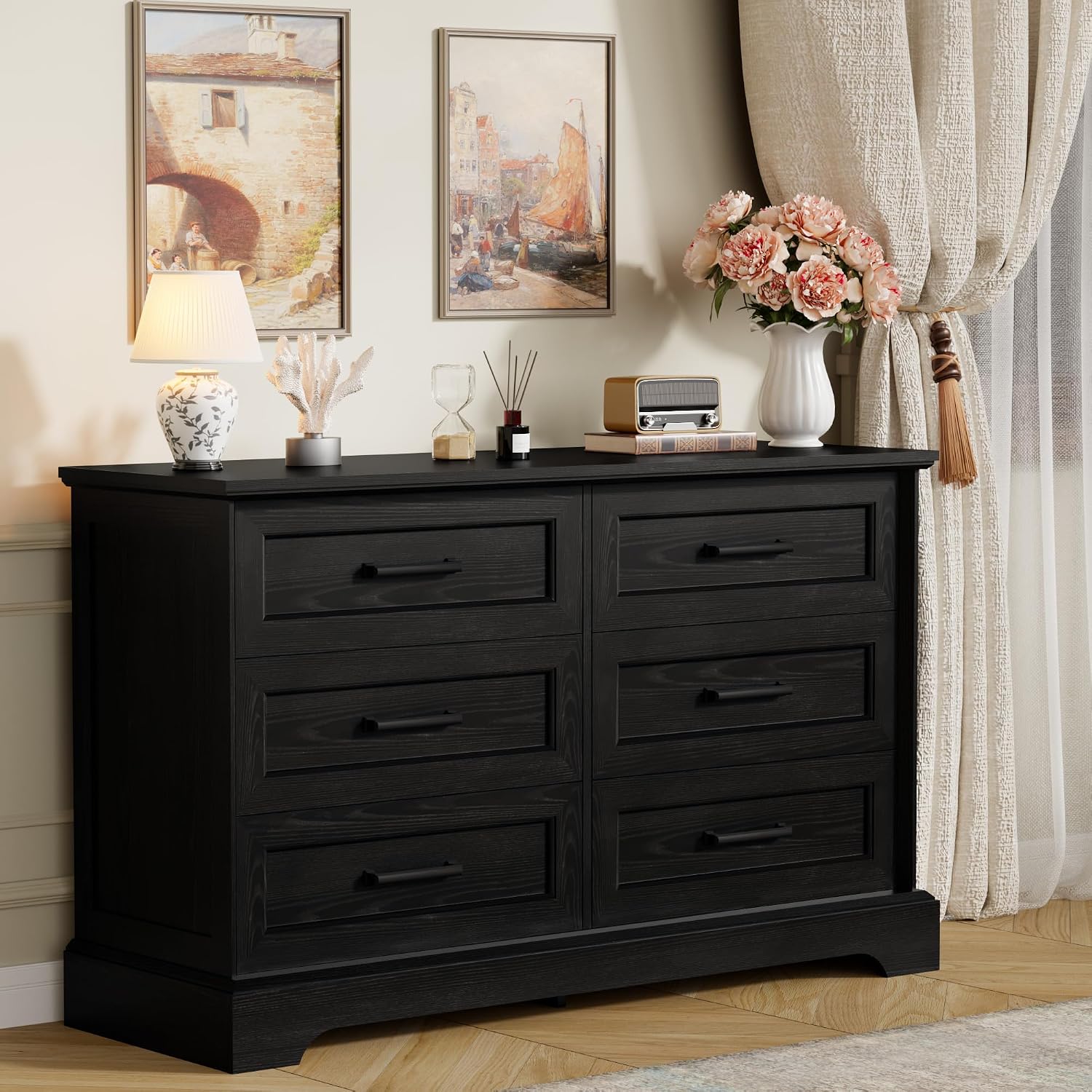 Furmax Farmhouse Dresser for Bedroom, 6 Drawers Dresser, Wood Chest of Drawers, 47.2' Wide Storage Dressers Organizer for Bedroom, Living Room, Dark Black