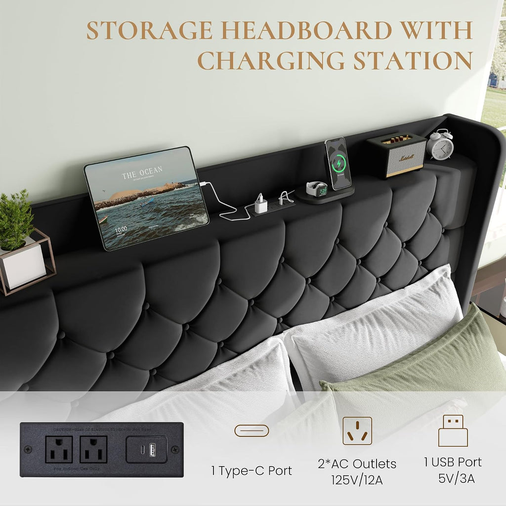 SHA CERLIN Full Size Platform Bed Frame with Charging Station, Velvet Wingback Headboard with Storage Shelf, Wooden Slats Support, Ample Under-Bed Space, No Box Spring Needed, Easy Assembly, Black