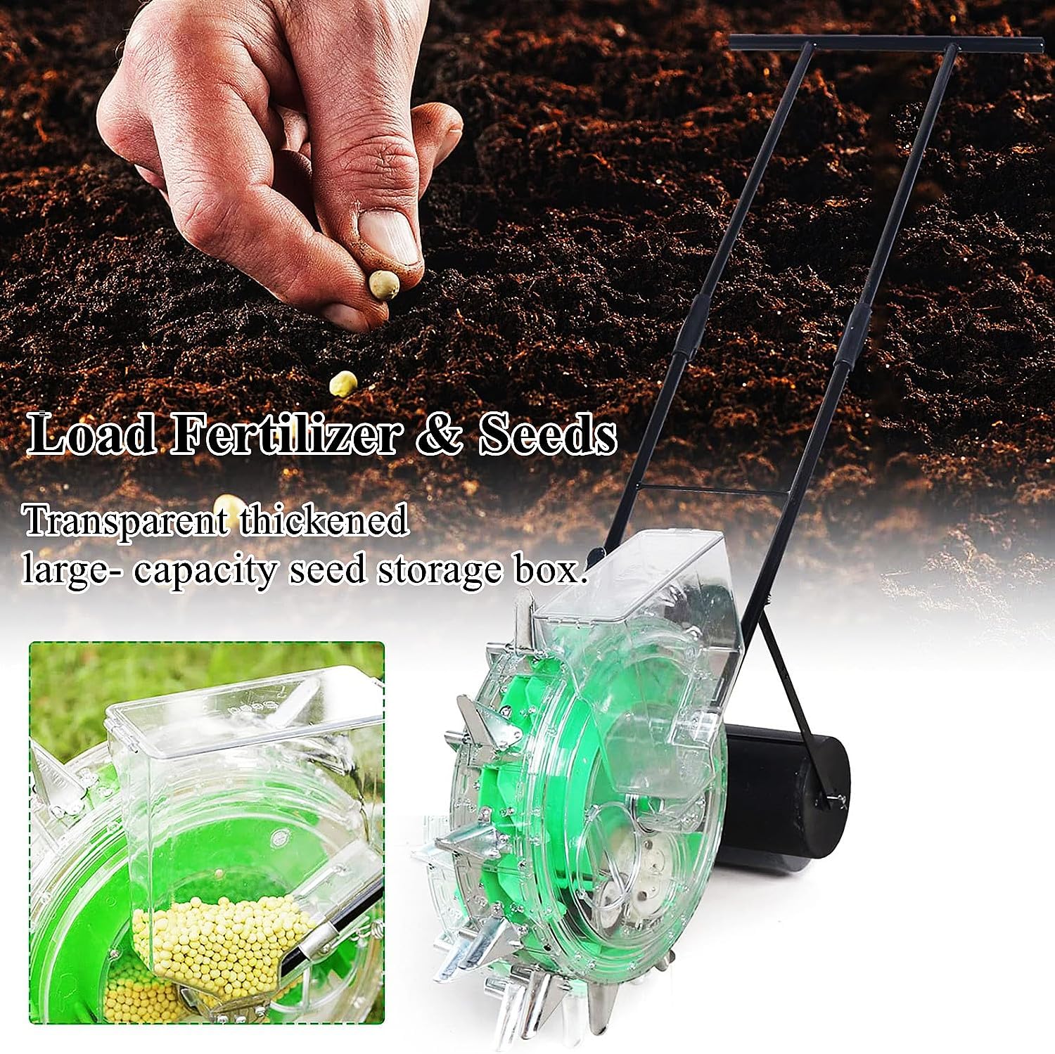 Hand-Push Roller Seeder, Manual Seeder Machine & Fertilizer Applicator, Planting Depth 3.5-7.8cm, Precision Manual Seed Planter for Corn Peanut Soy and Outdoor Lawns Garden,6 nozzles(