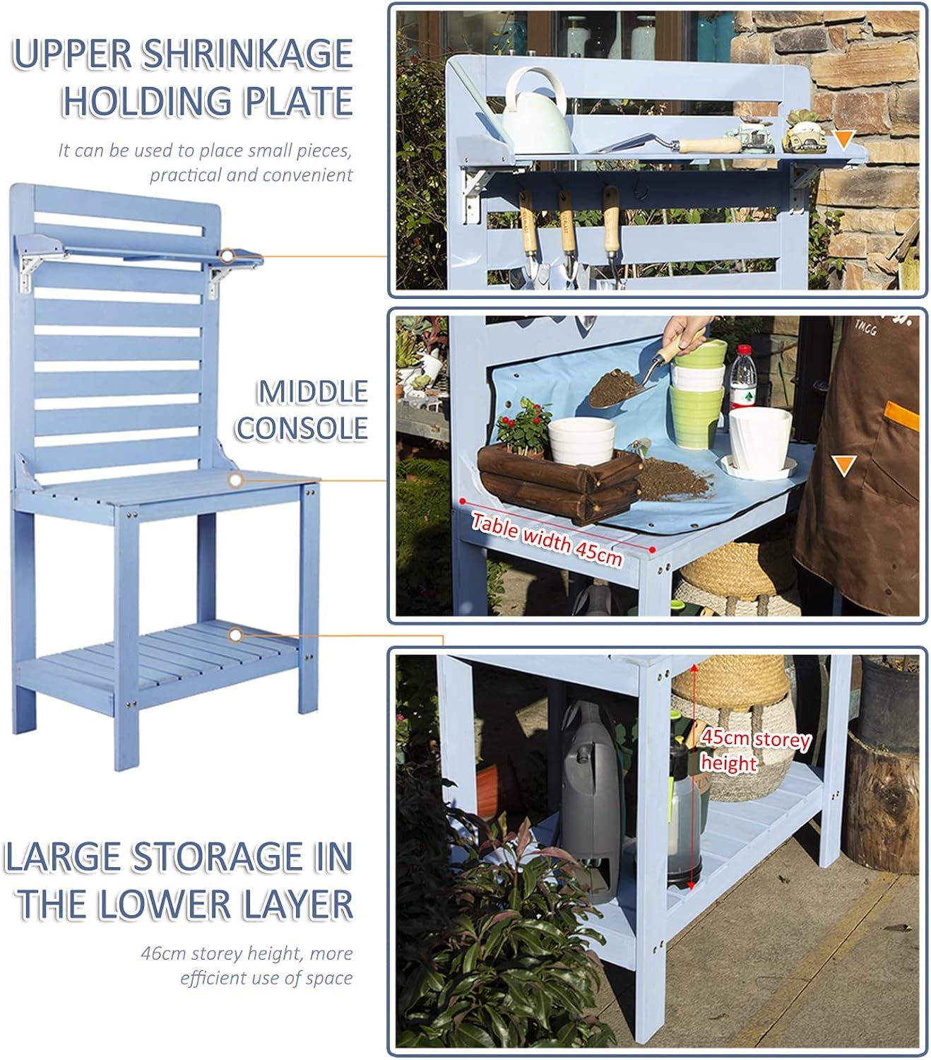 Potting Bench Garden Table for Outdoors Solid Wooden Work Station Gardening Bench Potting Table with Hooks (Color : White, Size : 90x45x165cm)