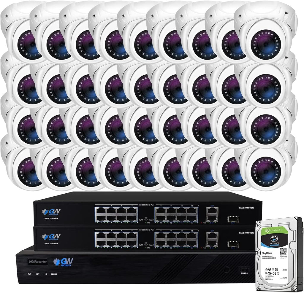 GW Security 32 Channel 12MP NVR 4K PoE Security Camera System with 32 x 4K 8MP IP Microphone 135° Wide Angle Outdoor Smart AI Turret Camera, Face Recognition/Human/Vehicle Detection