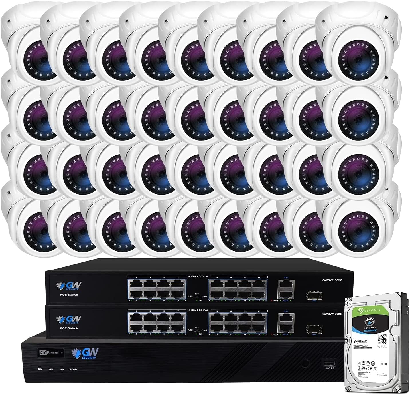 GW Security 32 Channel 12MP NVR 4K PoE Security Camera System with 32 x 4K 8MP IP Microphone 135° Wide Angle Outdoor Smart AI Turret Camera, Face Recognition/Human/Vehicle Detection