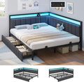 Hasuit Queen Corner Bed Frame with Storage Drawers, Queen Daybed with Line Fabric Upholstered Fence, Kids Bed Unit with LED Light and Charging Station, Modern Bed Frame Queen Size, Gray