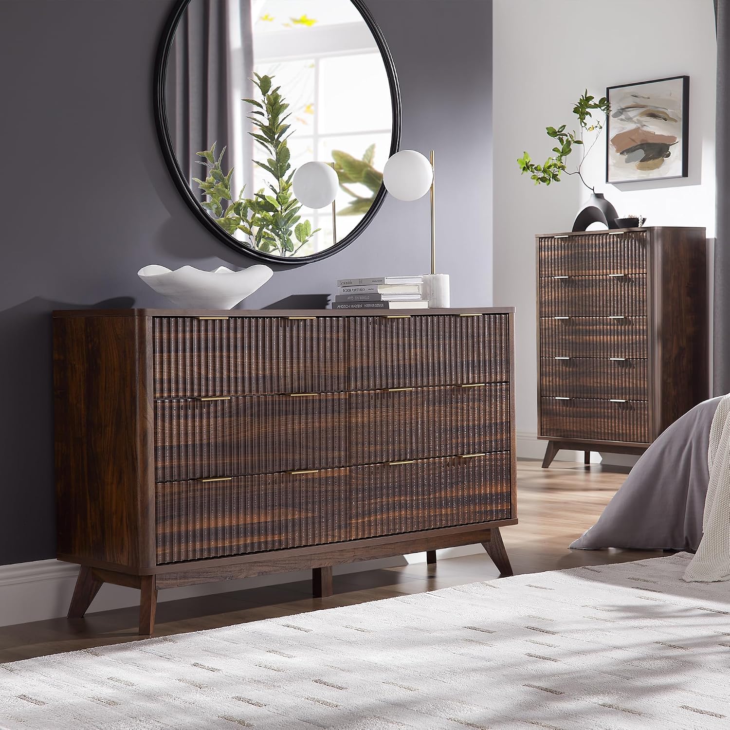 T4TREAM Fluted 6 Drawers Dresser, 54' Wide Modern Chest of Drawers, Curved Profile Design, Dresser TV Stand, Wood Drawer Organizer for Bedroom, Living Room, Hallway, Dark Walnut