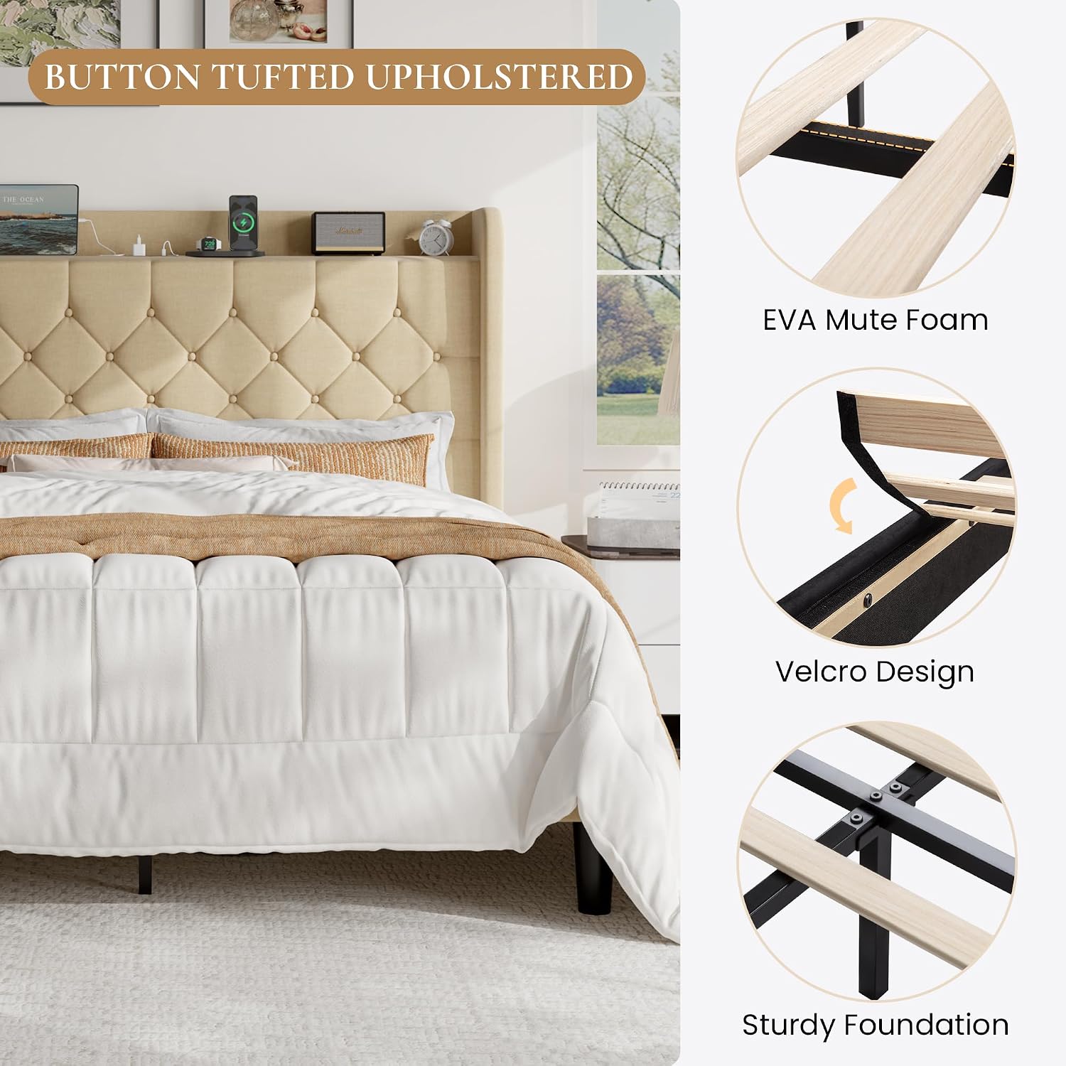SHA CERLIN Full Size Platform Bed Frame with Charging Station, Linen Wingback Headboard with Storage Shelf, Wooden Slats Support, Ample Under-Bed Space, No Box Spring Needed, Easy Assembly, Beige