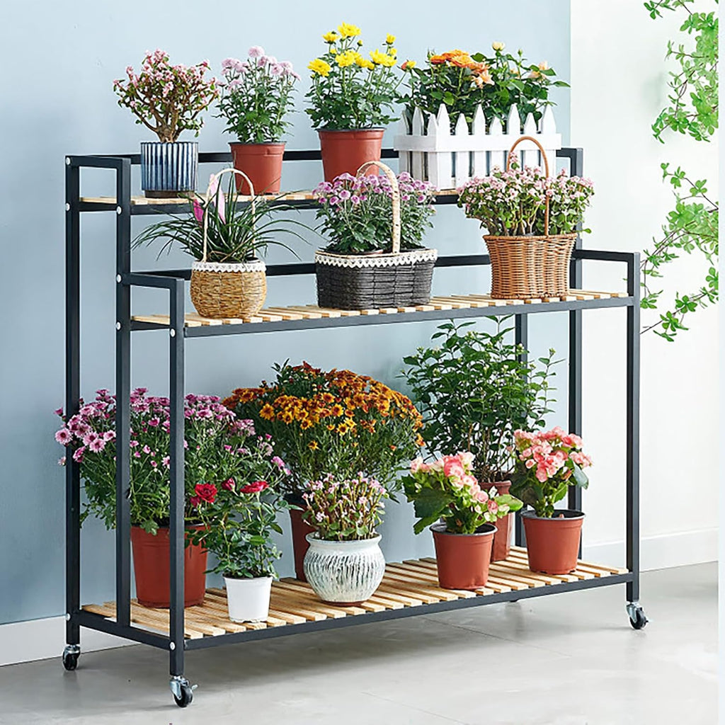 Potting Benches Tables Garden Potting Table Ironwork Plant Shelf for Multiple Plants 3 Tier Tall Plant Stand with Movable Wheels Metal Frame for Patio Balcony (80cm)