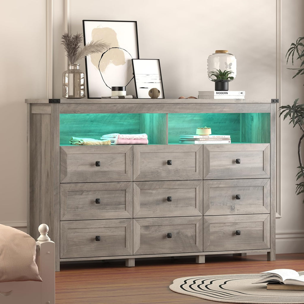 Dresser for Bedroom with 9 Drawers, Wide Chest of Drawers with LED Light and Power Outlet, Wooden Closet Organizer Clothes Storage Cabinet, Modern Double Dressers for Living Room, Hallway, Grey