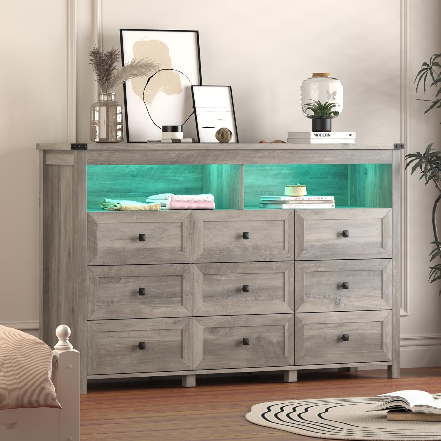 Dresser for Bedroom with 9 Drawers, Wide Chest of Drawers with LED Light and Power Outlet, Wooden Closet Organizer Clothes Storage Cabinet, Modern Double Dressers for Living Room, Hallway, Grey