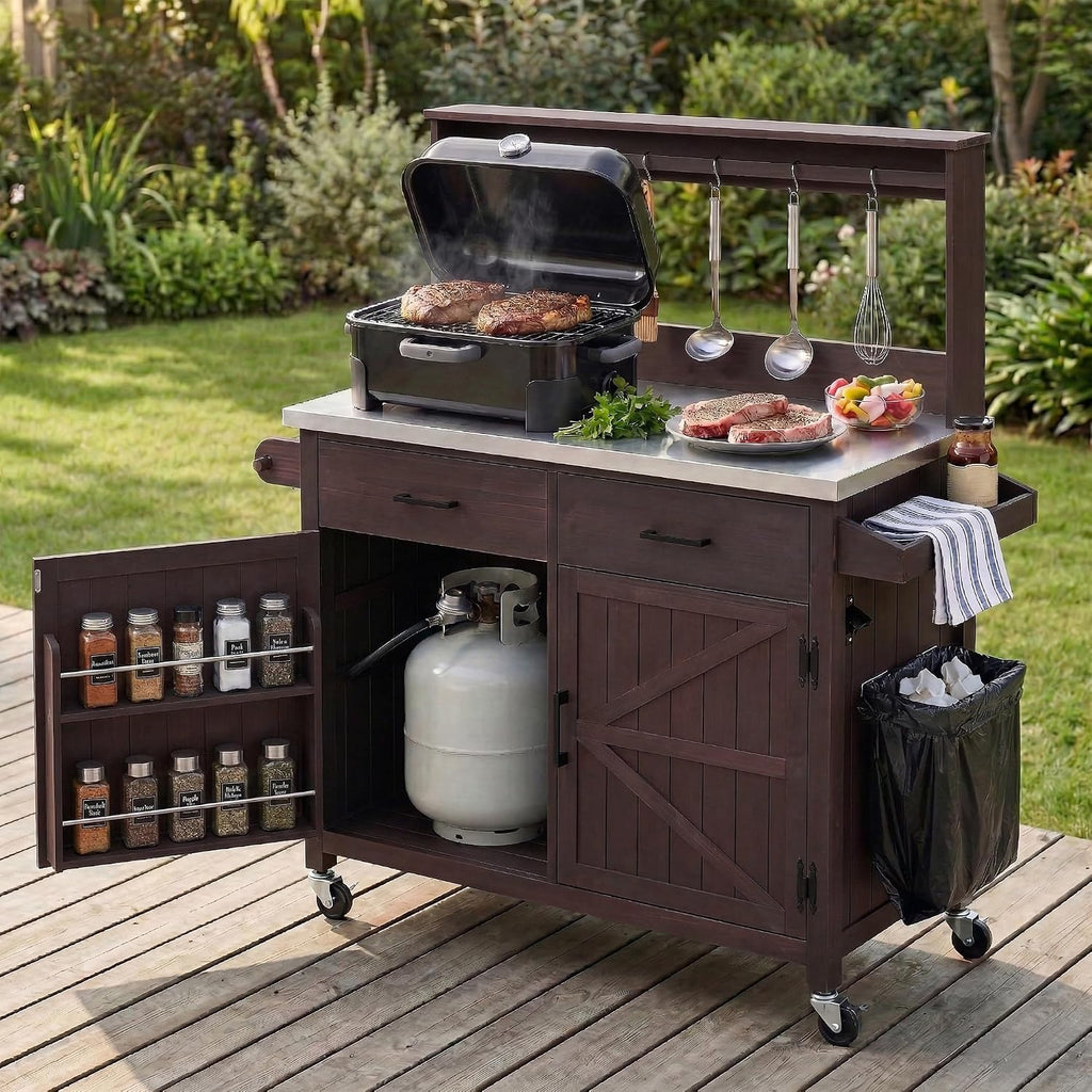 54.1' Stainless Steel Top Outdoor Kitchen Island, Solid Wood Potting Bench Table with Storage Cabinet and High Shelf, for Backyard, Patio, Garden, Brown