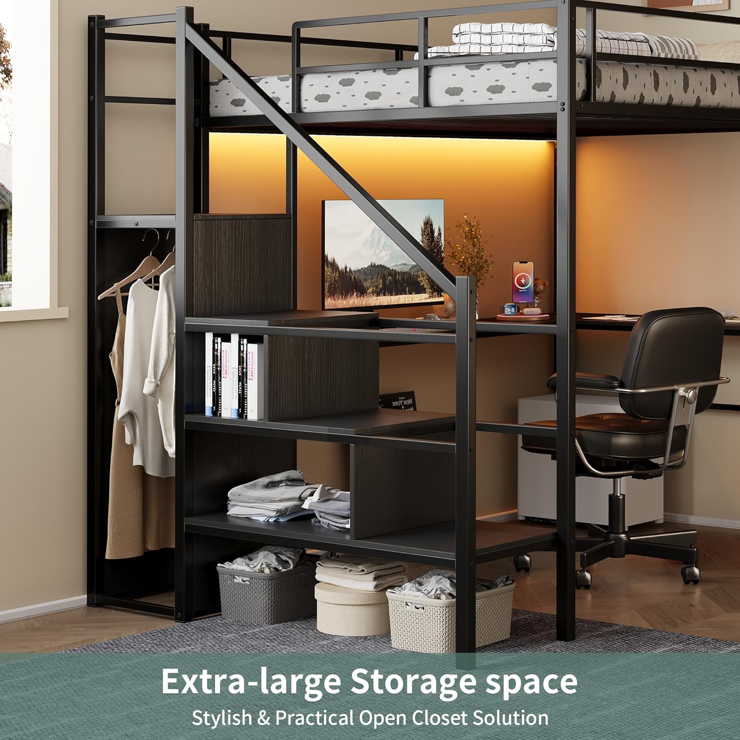 Full Size Loft Bed with L-Shaped Desk and Built-in Storage Shelves & Wardrob, Convertible Stairs, Metal Loft Bed Frame with LED Light & Charging Station, for Teens/Adults (Black)