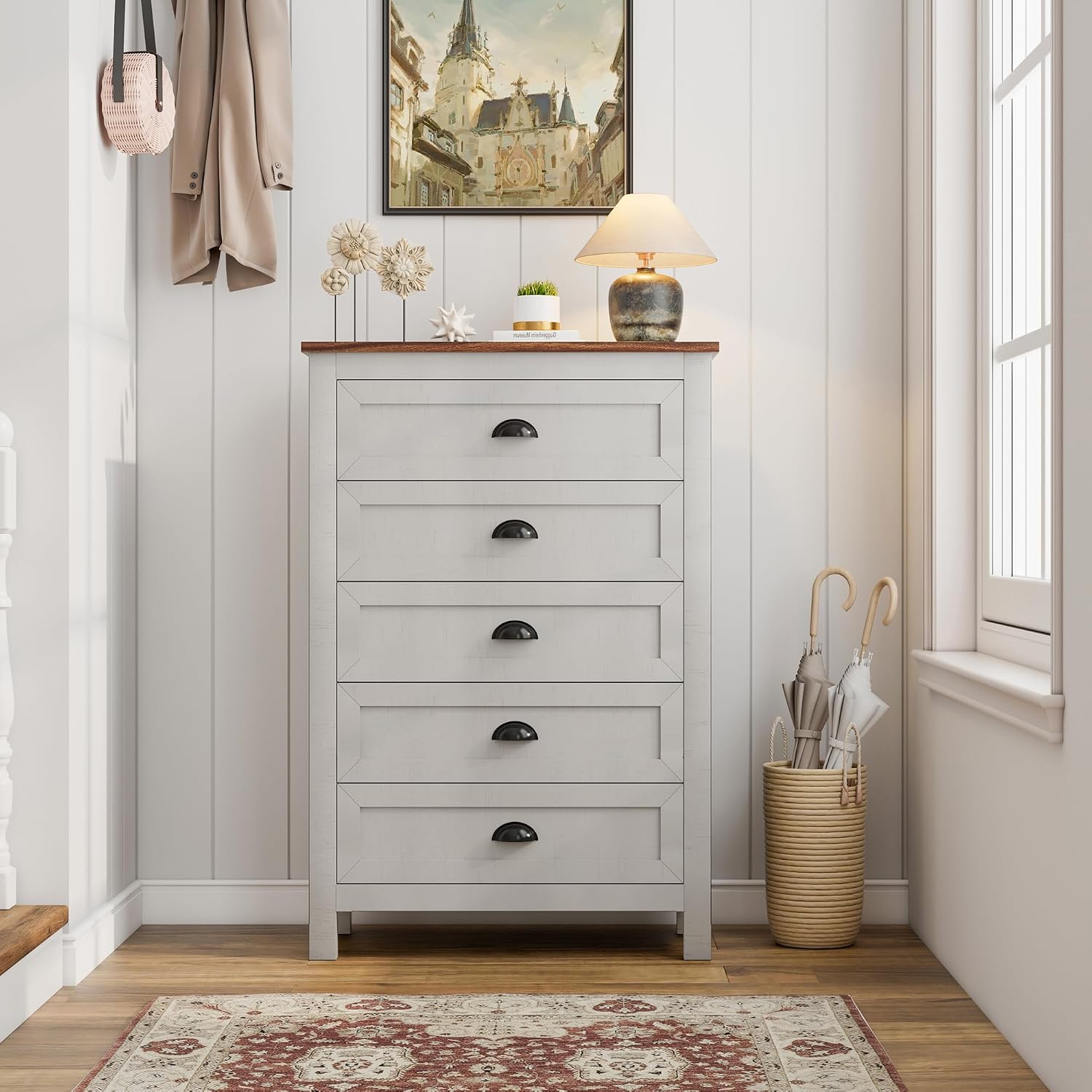 Wananlanen® Farmhouse Dresser for Bedroom, Antique Double Dresser & Chest of Drawer with Vintage Handle and Storage, Wooden Tall Rustic Organizer for Bedroom