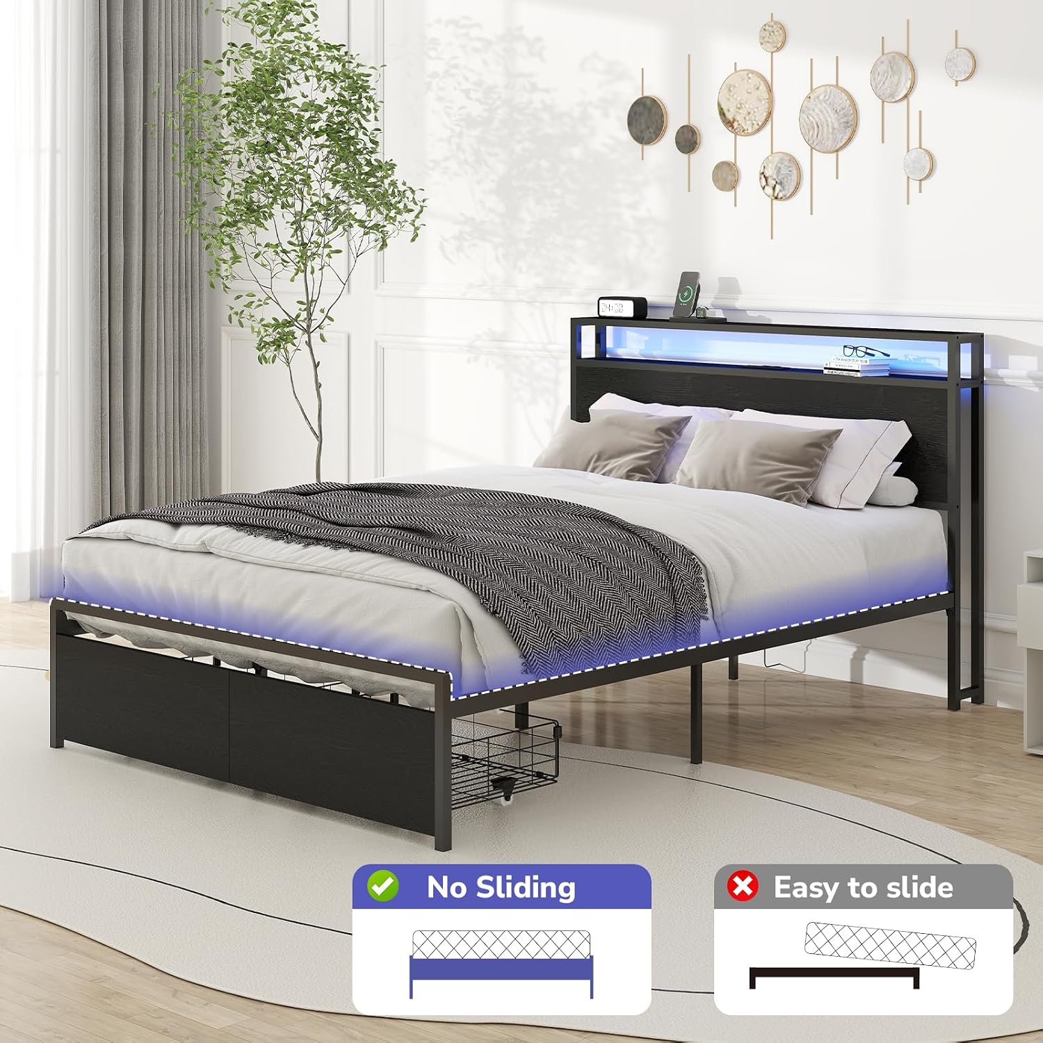 Zevemomo Full Bed Frame with 2 Storage Drawers, Bed Frame Full Size with Headboard, LED Light, Charging Station with 2 USB Ports & 2 AC Ports, Noiseless, Black