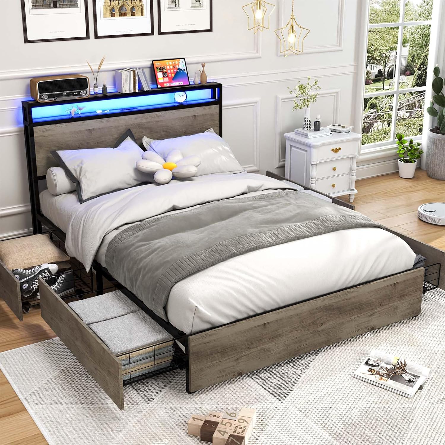Kiivakii Queen Bed Frame with Headboard, LED Platform Bed Frames with 4 Storage Drawers, Built in Charging Station, Noise Free, Stable and Solid, No Box Spring Needed, Gray