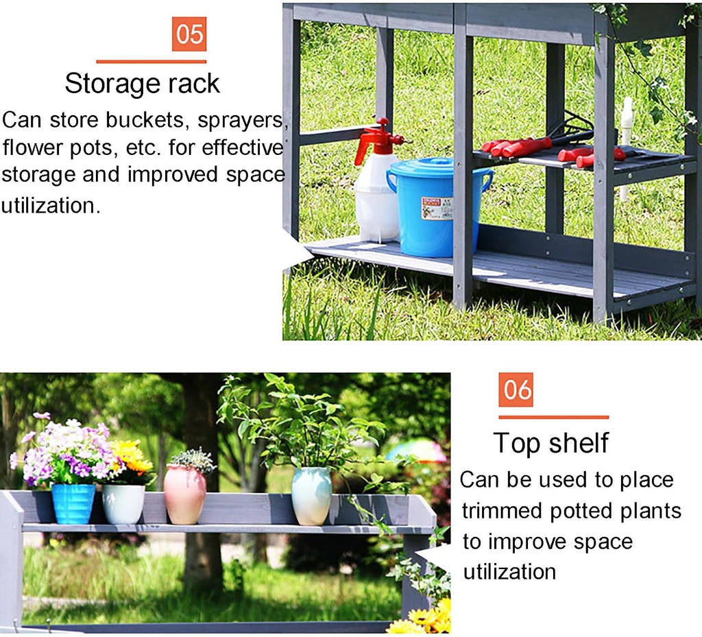 Garden Potting Bench Table, Wooden Workstation Table with Removable Stainless Steel Sink, Open Shelves, All-Weather Garden Table Work Station with Storage Drawers and Side Hooks(Color:Wood)