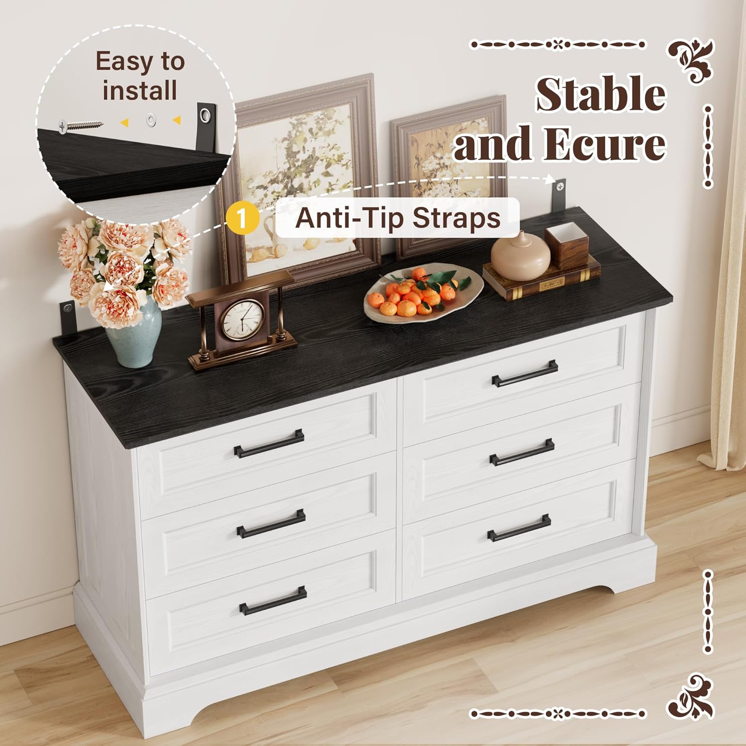 Furmax Farmhouse Dresser for Bedroom, 6 Drawers Dresser, Wood Chest of Drawers, 47.2' Wide Storage Dressers Organizer for Bedroom, Living Room, White and Black