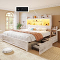 LUXOAK King Bed Frame with 49.6' Bookcase Headboard & 2 Bedside Stoage Racks & 4 Drawers, Farmhouse Wood Bed Frame with RGB LED & Charging Station, No Box Spring Needed, Distressed White