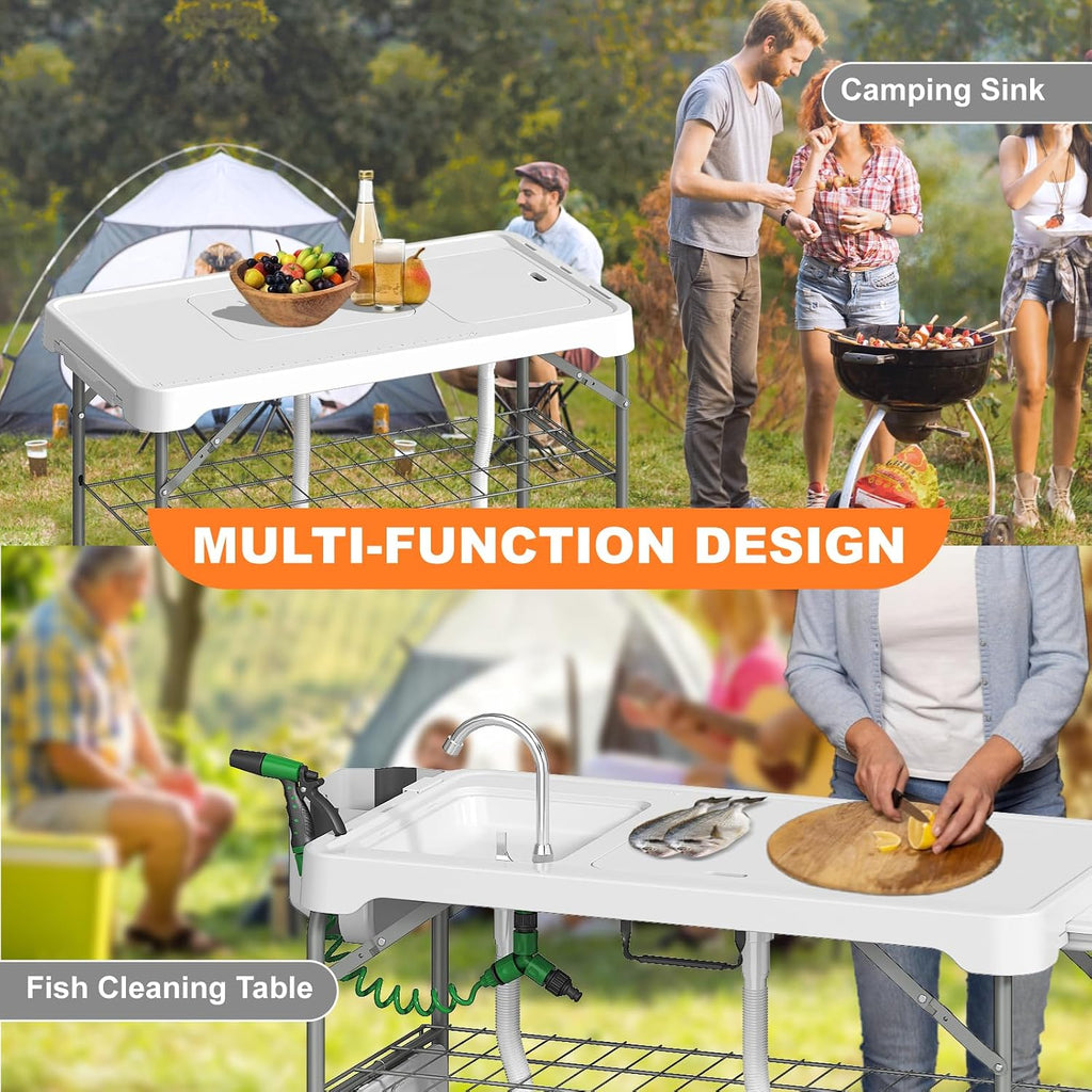 Folding Fish Cleaning Table with 2 Sinks, 42.5'' Portable Camping Sink Table with Foldable Faucet, Drainage Hose, Sprayer, Storage Box,Drawer & Grooves, Outdoor Fillet Station for Picnic, White
