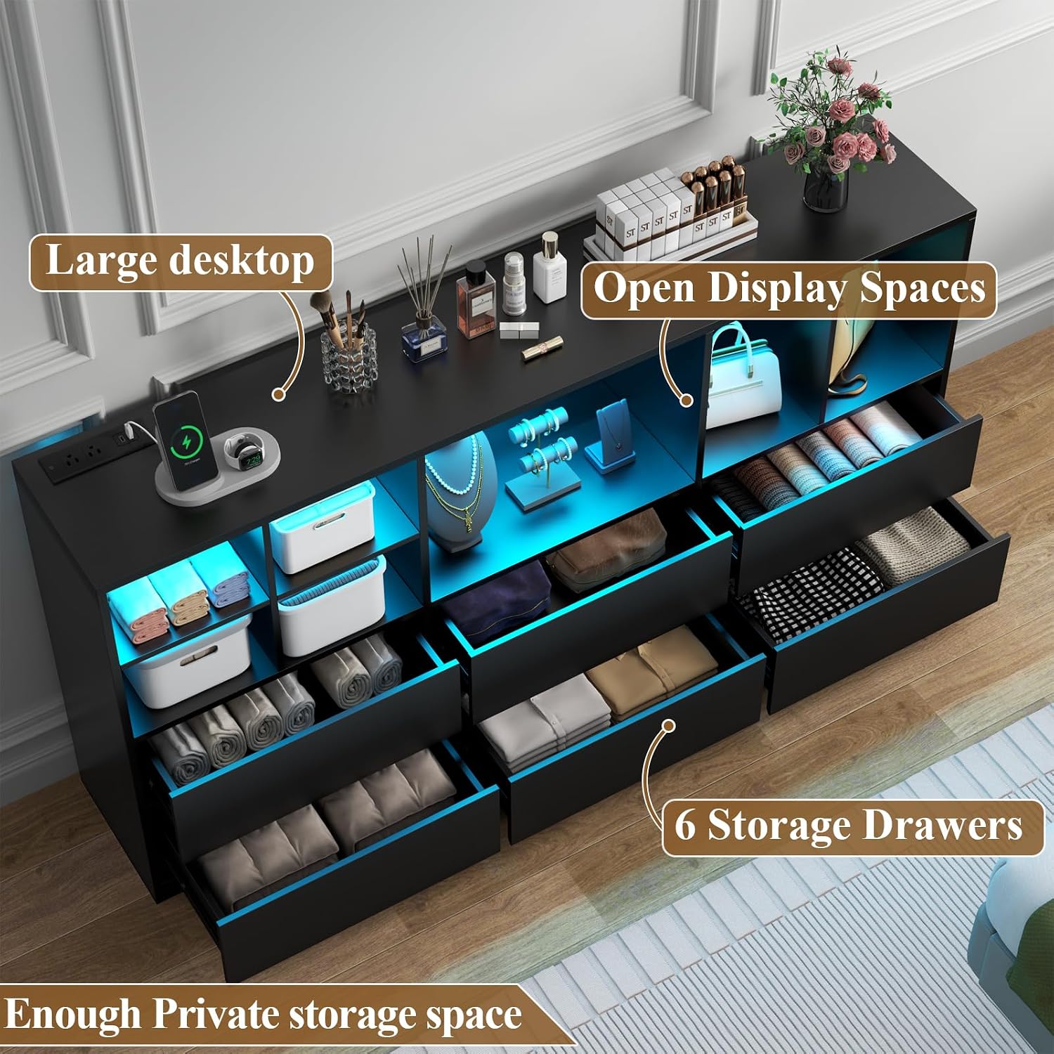 Gyfimoie Black Dresser for Bedroom with 6 Drawers, Chest of Drawers with Led Lights&Charging Station, 63' Long Dresser with 7 Open Cubbies, Storage Drawers for Living Room, Closet, Hallway (Black)