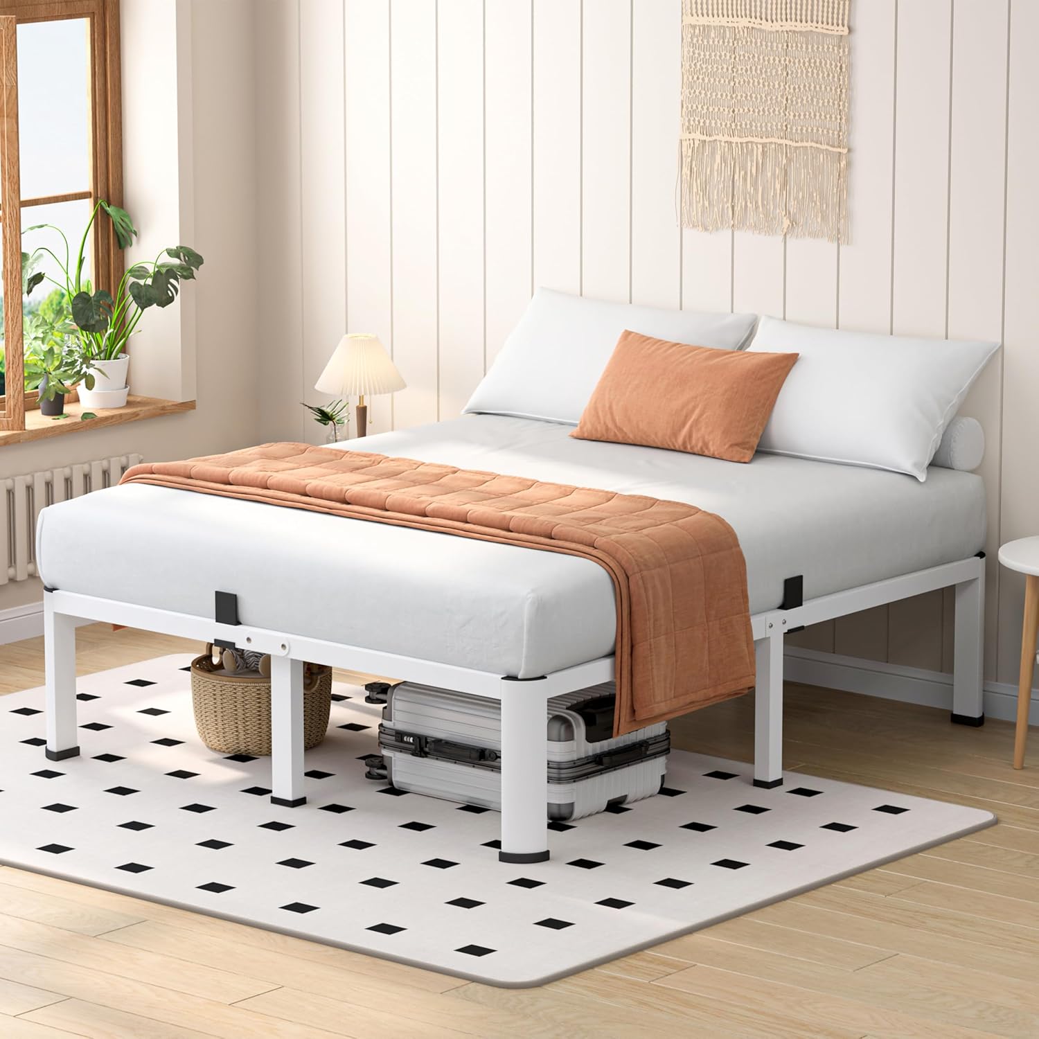 VIPSHOW 14 Inch White Full Heavy Duty 3500 lbs Bed Frame with Round-Corner Legs & Anti-Squeak Design – Quick Assembly Metal Platform, No Box Spring Needed