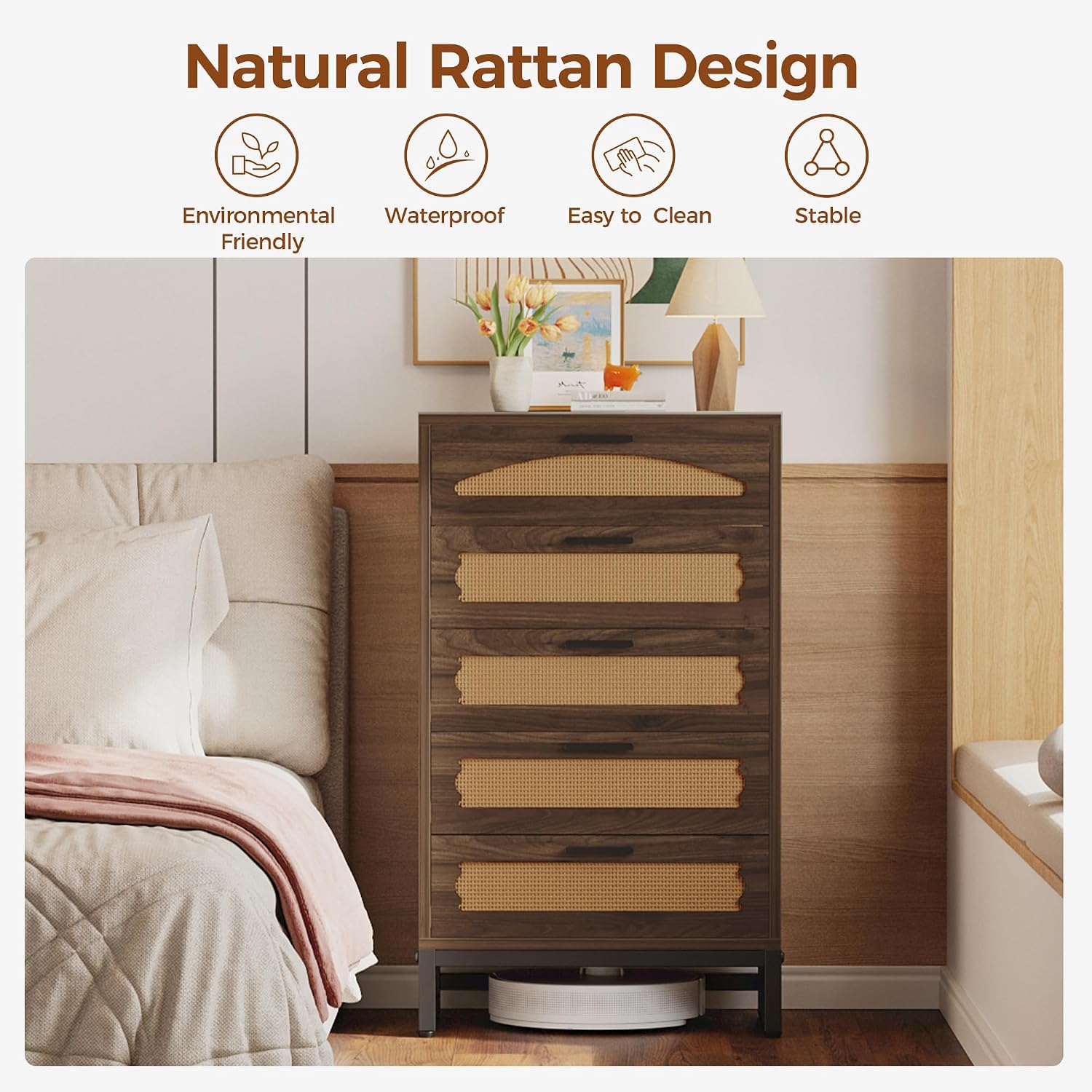 Mericonia 5 Drawer Rattan Dresser for Bedroom, Wood Tall Dresser for Closet with Metal Handles, Boho Nightstand Sets, Dressers & Chests of Drawers for Bedroom, Hallway and Entryway, Walnut