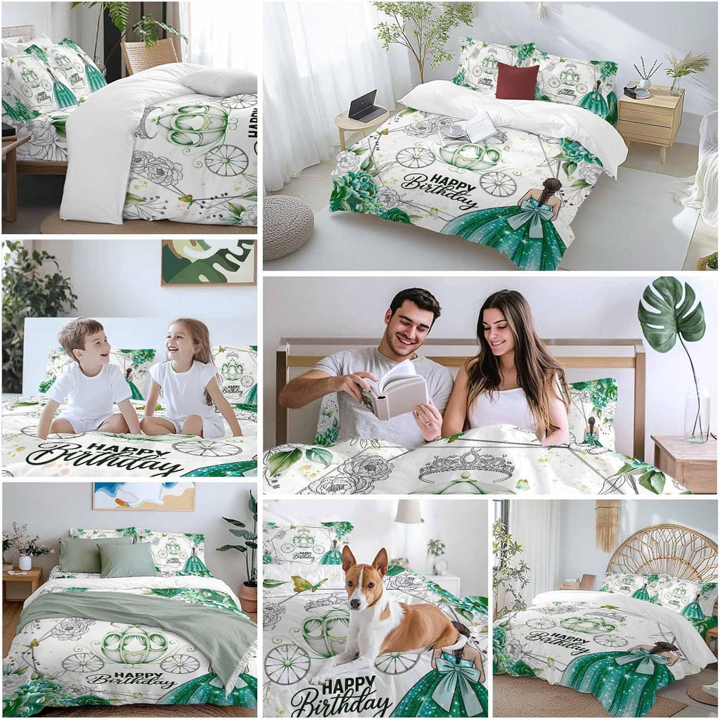 Happy Birthday Duvet Cover Set, Green Luxury Dress Crown Carriage Flowers Soft Duvet Cover Full Size Bedding Set 4 Pieces, 1 Quiltcover and 2 Pillowcases with Zipper, 1 Bed Sheet for All Seasons