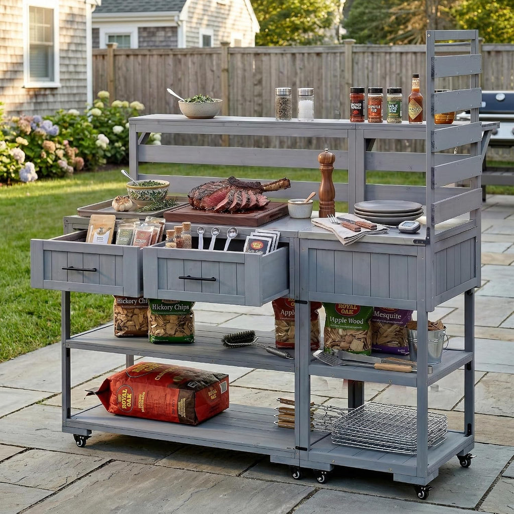 Roomfitters Garden Potting Bench with Wheels, Extra Wide Outdoor Potting Table and BBQ Prep Station, Storage Shelves, Gray