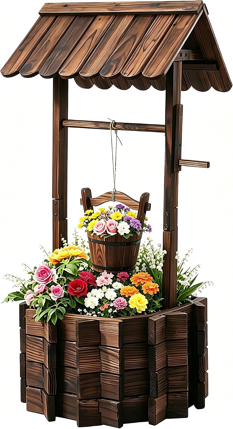 NestNature 21.75' Carbonized Wooden Wishing Well Planter for Outside, Rustic Outdoor Wishing Well with 4 Reinforced Rods & Hanging Bucket, Decorative Well Cover for Yard Garden Patio Lawn Backyard