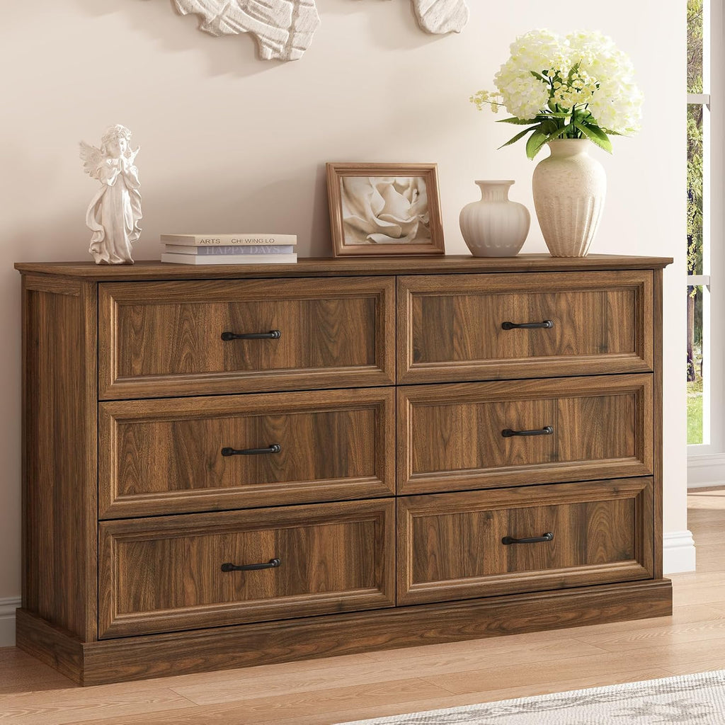 Farmhouse 6 Drawer Dresser for Bedroom, 55 Inch Wide Modern Walnut Dresser TV Stand with Large Drawers & Bar Handles, Rustic Wood Chest of Drawers for Bedroom, Living Room, Hallway, Entryway.