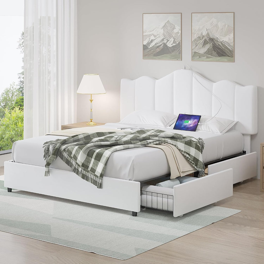 VECELO Full Size Platform Bed Frame with Type-C & USB Charging Stations/4 Storage Drawers, Upholstered Adjustable Headboard, Strong Wooden Slats Support, No Box Spring Needed, Easy Assembly