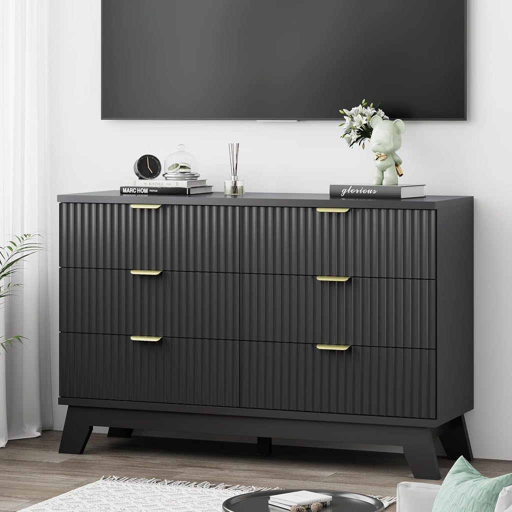 Xixini Fluted Dresser for Bedroom with 6 Drawers, 48' Wide Wooden Chest of Drawers with Metal Handle, Modern Dresser TV Stand, Wood Closet Clothes Storage Organizer for Living Room, Hallway, Black