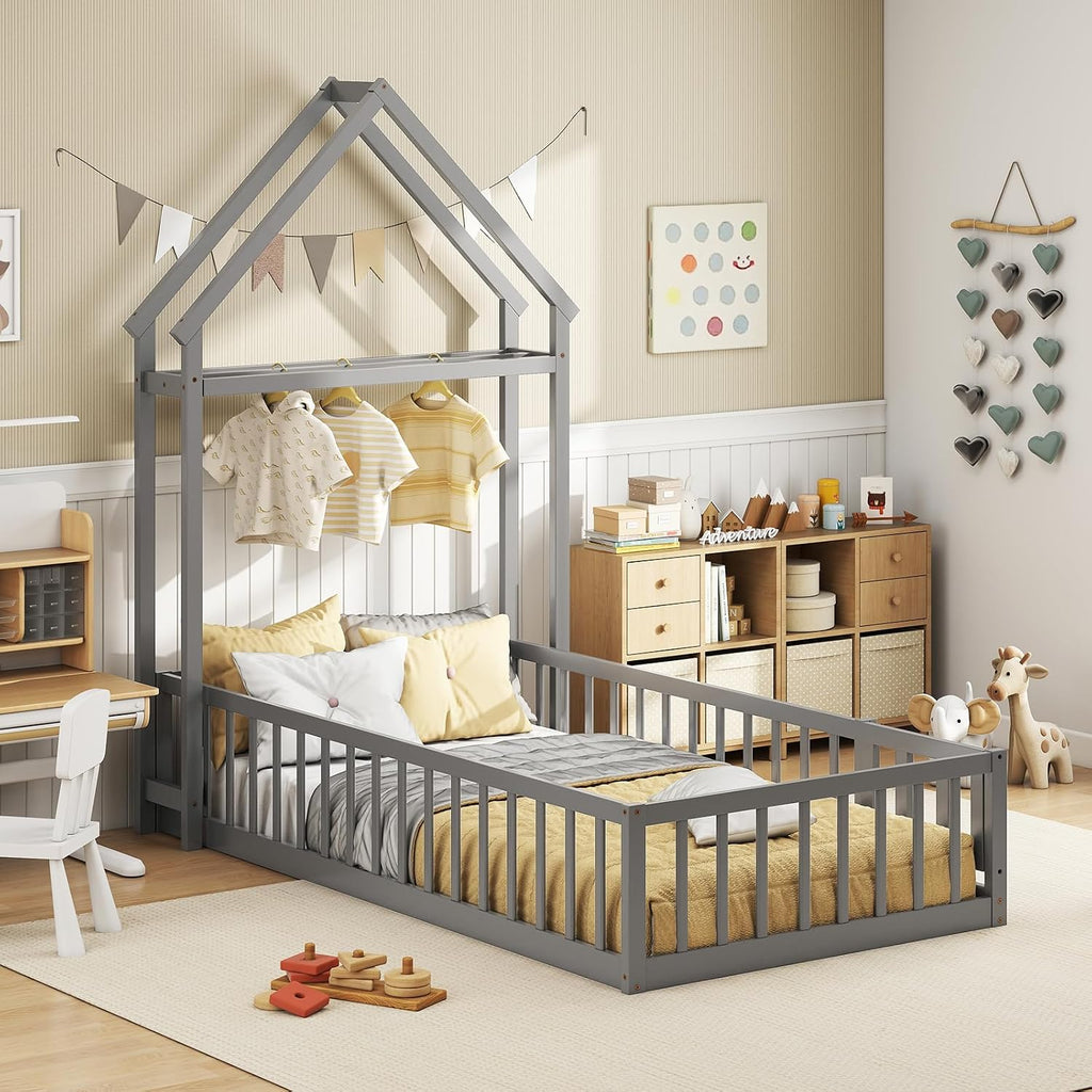 KOMFOTT Twin Size Floor Bed with House-Shaped Headboard, Kids Montessori Floor Bed with Detachable Clothes Hanger, Full Length Safety Guardrails, Door & Latch, Solid Wood Floor Bed Frame