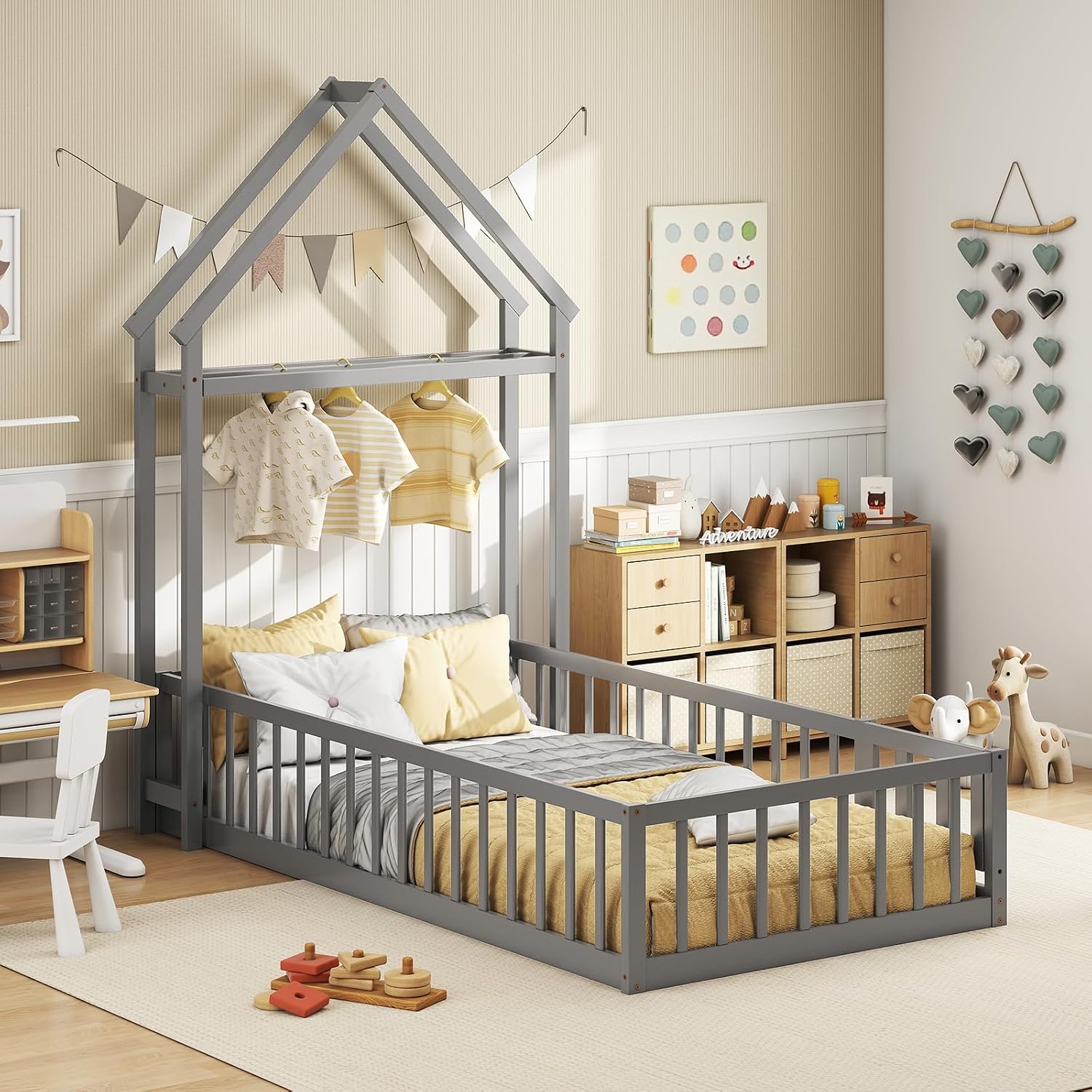 KOMFOTT Twin Size Floor Bed with House-Shaped Headboard, Kids Montessori Floor Bed with Detachable Clothes Hanger, Full Length Safety Guardrails, Door & Latch, Solid Wood Floor Bed Frame