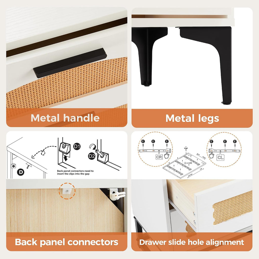 Mericonia 6 Drawer Double Dresser for Bedroom, Wood Rattan Dresser for Closet with Metal Legs, Boho TV Stand with Drawers, Dressers & Chests of Drawers for Bedroom, Hallway and Entryway, White